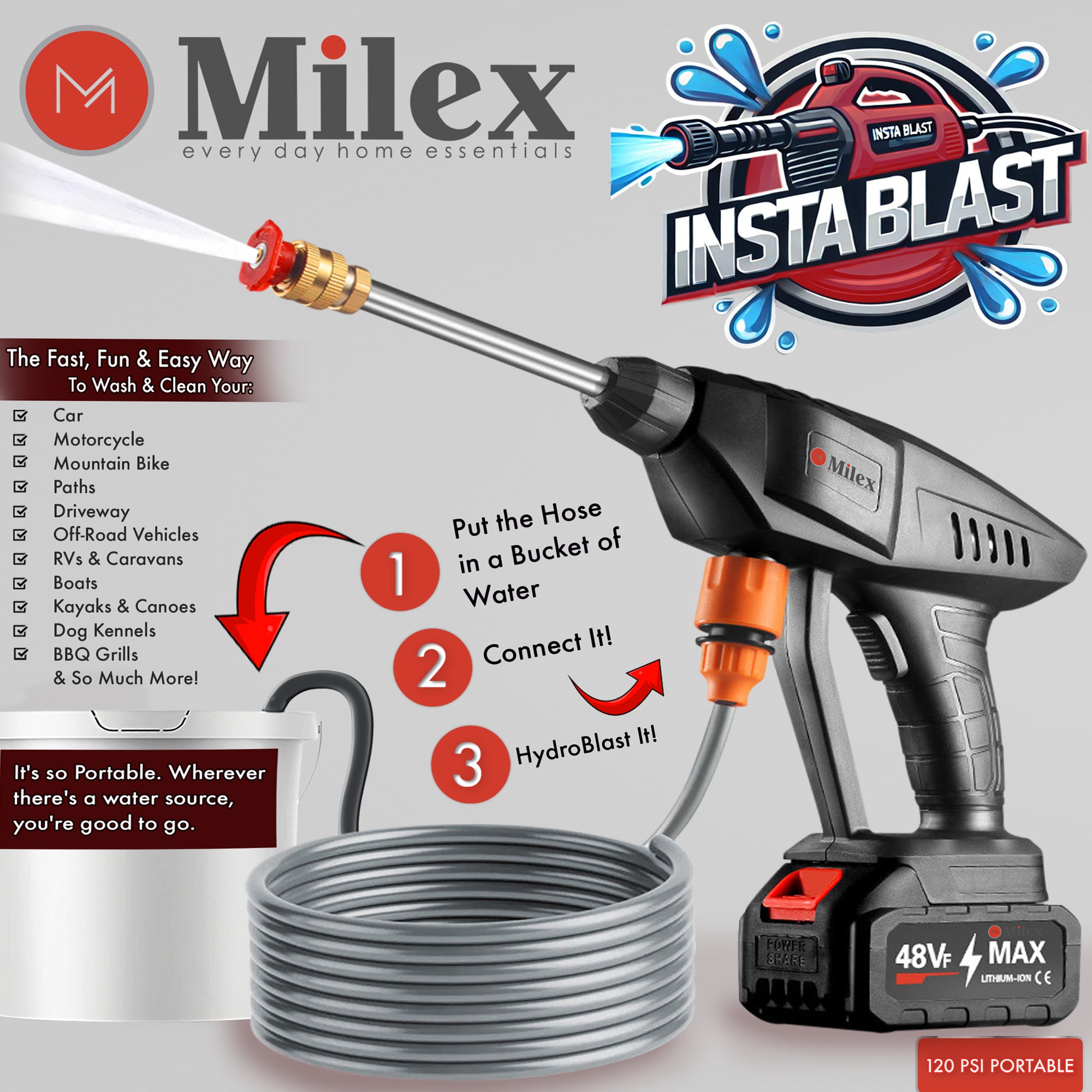 Milex Insta Blast 1800 PSI Electric Pressure Washer - Portable & Powerful Handheld Car Washer for Home, Driveway, Deck, Patio Cleaning