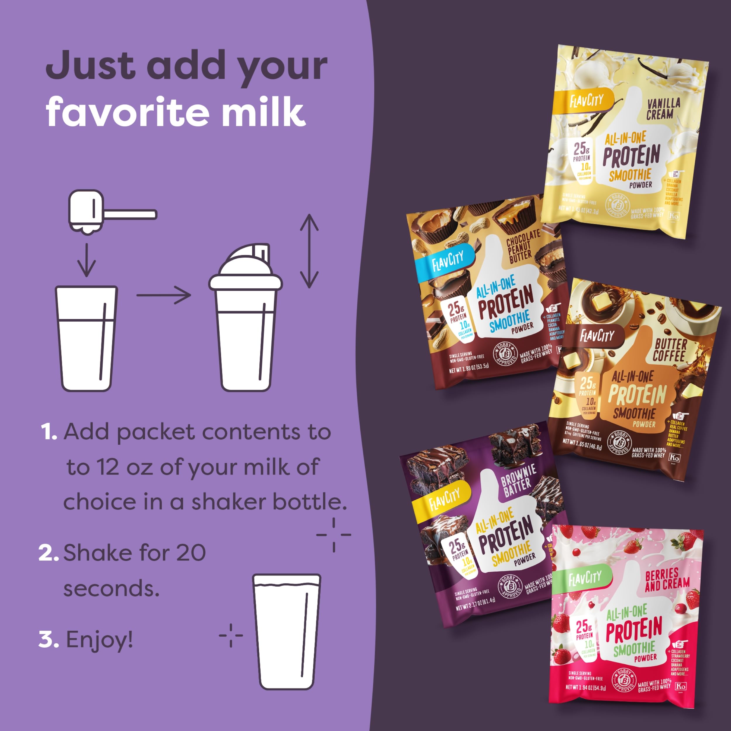 FlavCity All-in-One Protein Smoothie Powder Variety Pack (5 Single Serve Packets) - 100% Grass-Fed Whey Protein with 25g Protein & 10g Collagen - Gluten-Free Pre & Post Workout Drink - Perfect for Gym Recovery, Weight Loss & Healthy Breakfast Smoothies