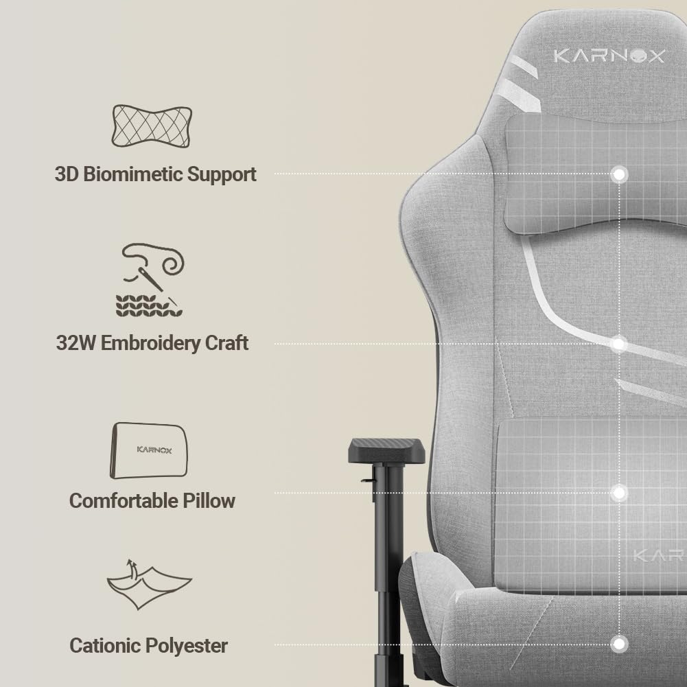 KORNOX Ergonomic Gaming Chair for Adults & Teens - High Back Office Chair with Adjustable Headrest & Lumbar Support, Fabric Racing Desk Chair for Home & Work - Perfect for Gaming, Working, and Long Sitting Sessions (Silver Grey)