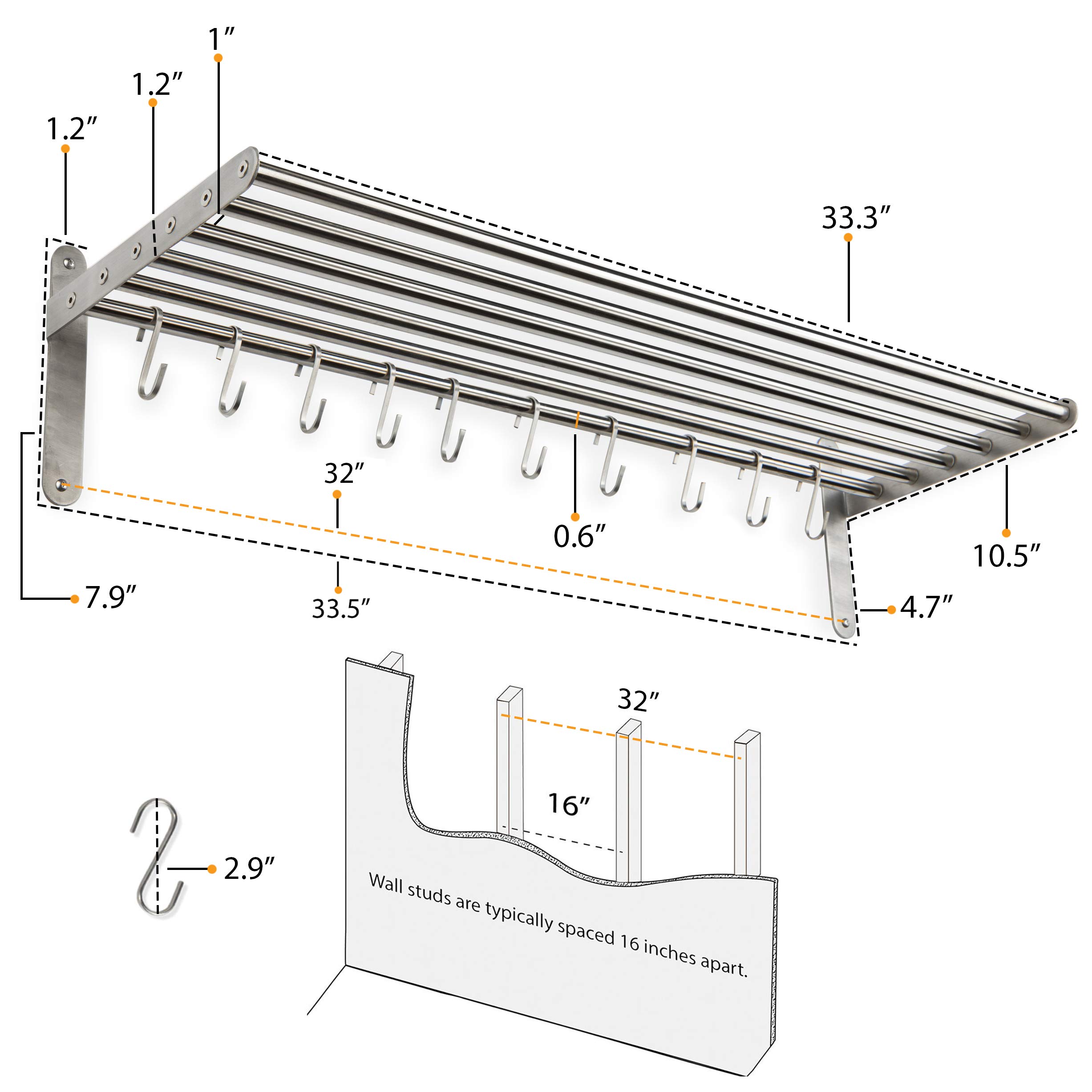 Wallniture Lyon Stainless Steel Wall Mounted Kitchen Shelf with 10 S-Hooks - Pot Rack Organizer for Cookware Storage - Space Saving Solution for Small Kitchens & Pantries (Chrome Finish) - Perfect for Hanging Pots, Pans, Utensils & Kitchen Accessories