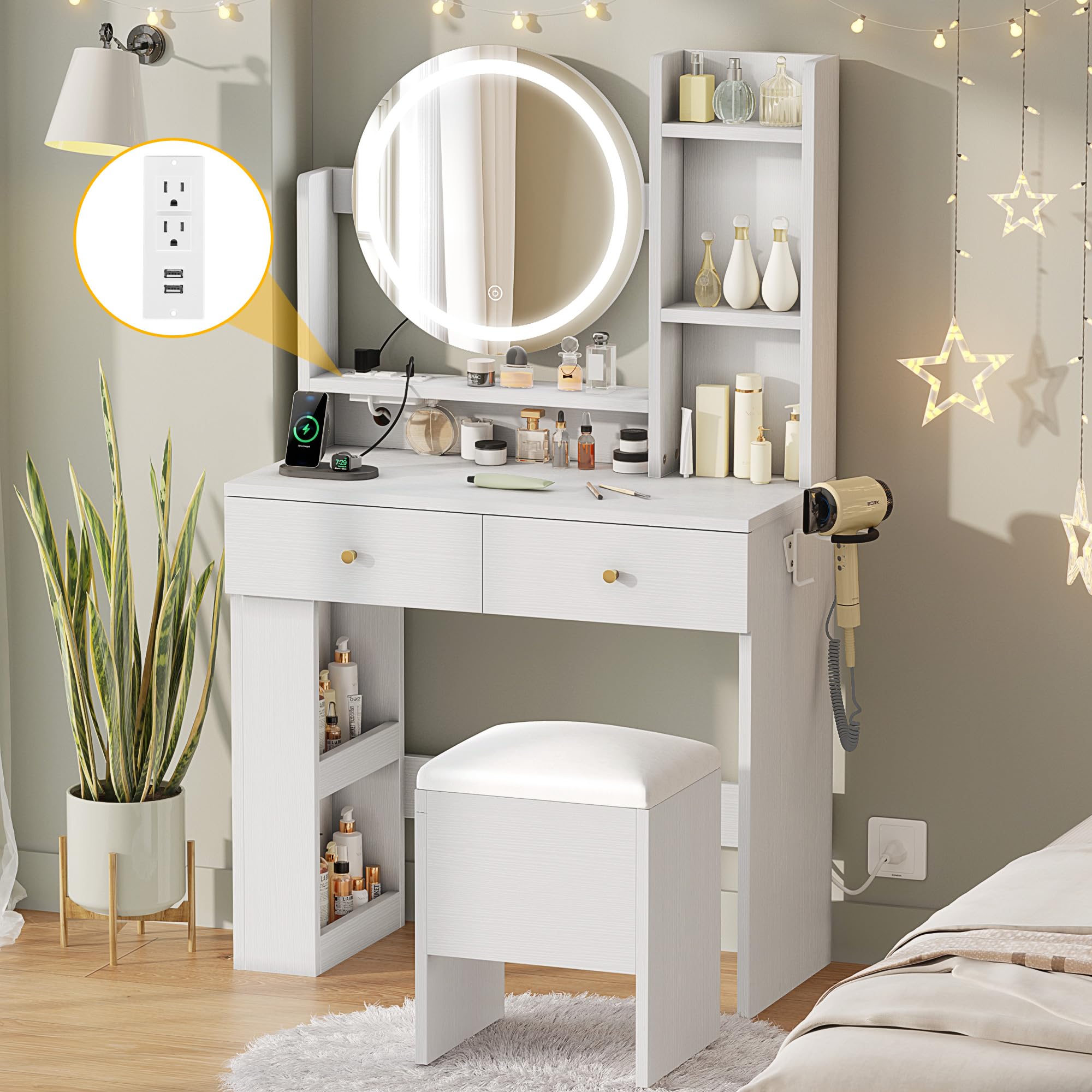 DWVO Vanity Desk with Mirror and LED Lights - Makeup Vanity Table Set with Power Outlets, Stool & 3 Lighting Modes - White Dressing Table with 3 Drawers & Storage Shelves for Bedroom - Perfect for Makeup Application, Skincare Routine & Home Decor