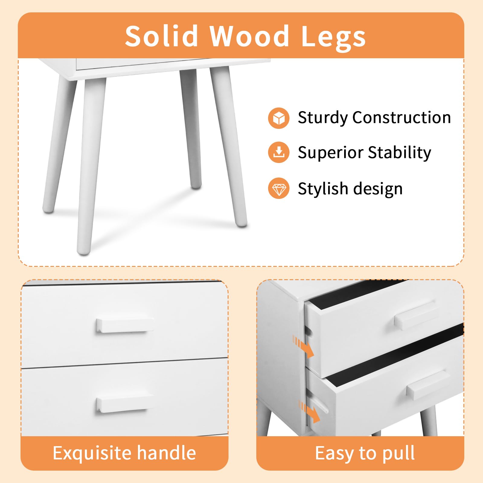 Urbanest Hartford Two Drawer Nightstand - Cream White Bedside Table for Small Spaces, Bedroom Furniture with Storage | Perfect for Apartments, Dorms & Guest Rooms