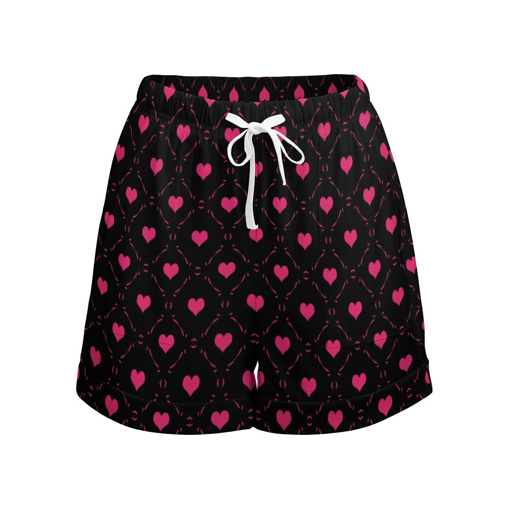 Little Pink Hearts High Waist Loose Elastic Waist Shorts - Women's Casual Summer Fashion Shorts for Beach, Vacation & Everyday Wear