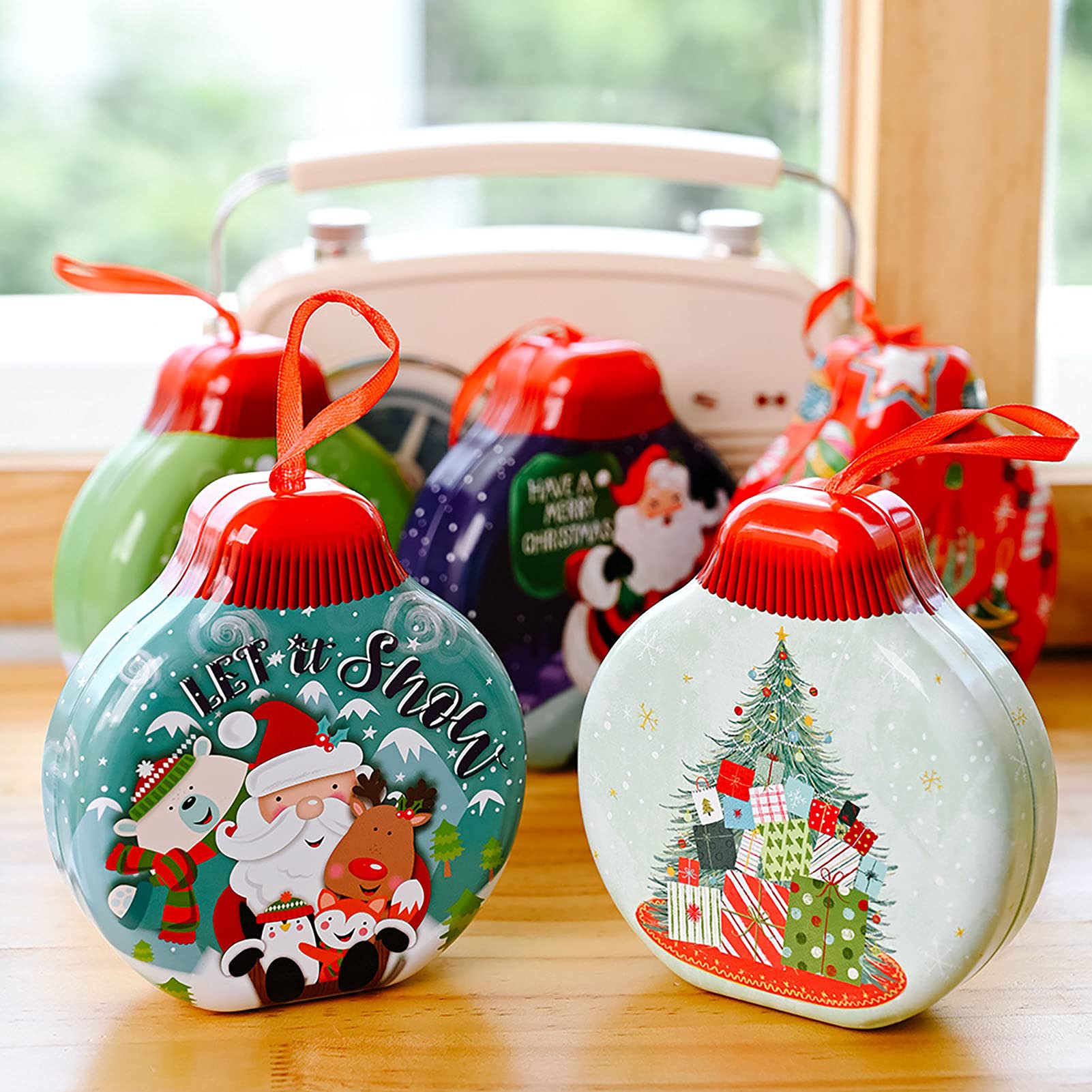 Premium Christmas Candy Box - Santa Claus Print Tinplate Round Candy Container for Holiday Decorations | Indoor Home Christmas Decor, Festive Gift Box for Parties & Gifting (Red)