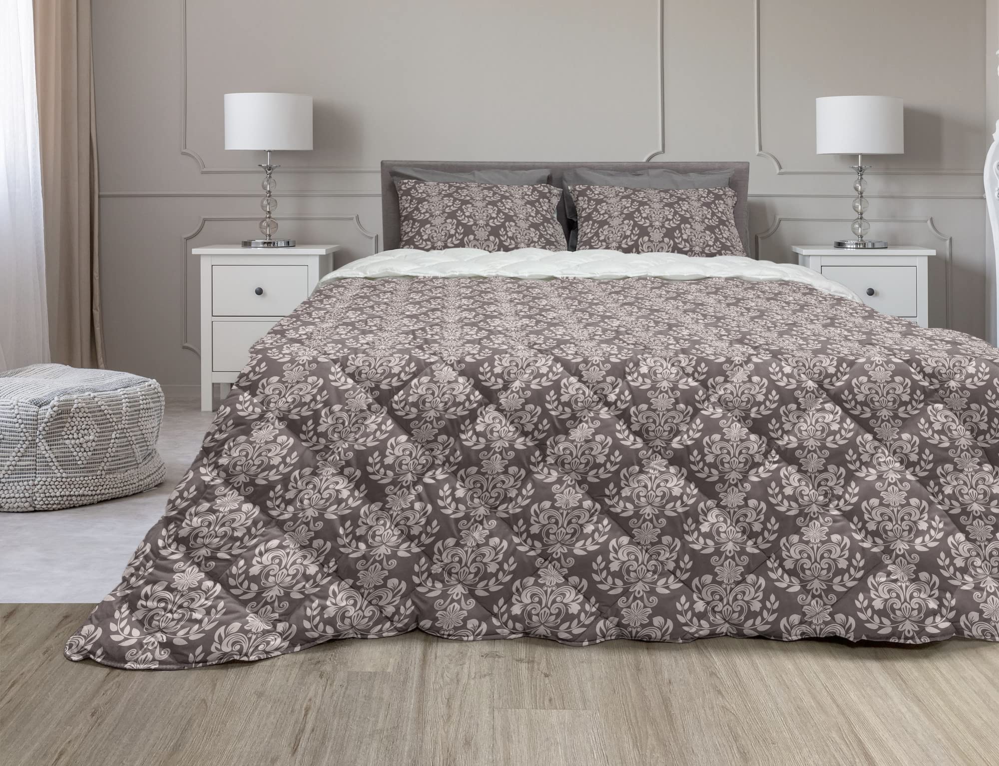 Ambesonne Damask Comforter & Sham Bedding Set - Monochrome Floral Leaf Pattern Microfiber Duvet Cover Set, 2 Piece Twin Size in Dark Taupe & Tan | Elegant Bedroom Decor for Guest Room, Master Suite & Cozy Home Styling