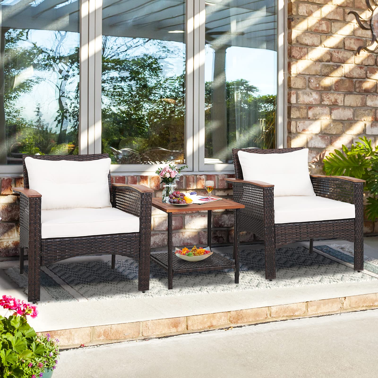 Tangkula 3-Piece Outdoor Rattan Sofa Set with Acacia Wood Table - PE Wicker Patio Furniture Conversation Set Includes Coffee Table, Seat Cushions & Armrests (Off White) - Perfect for Garden, Backyard, Poolside & Patio Relaxation