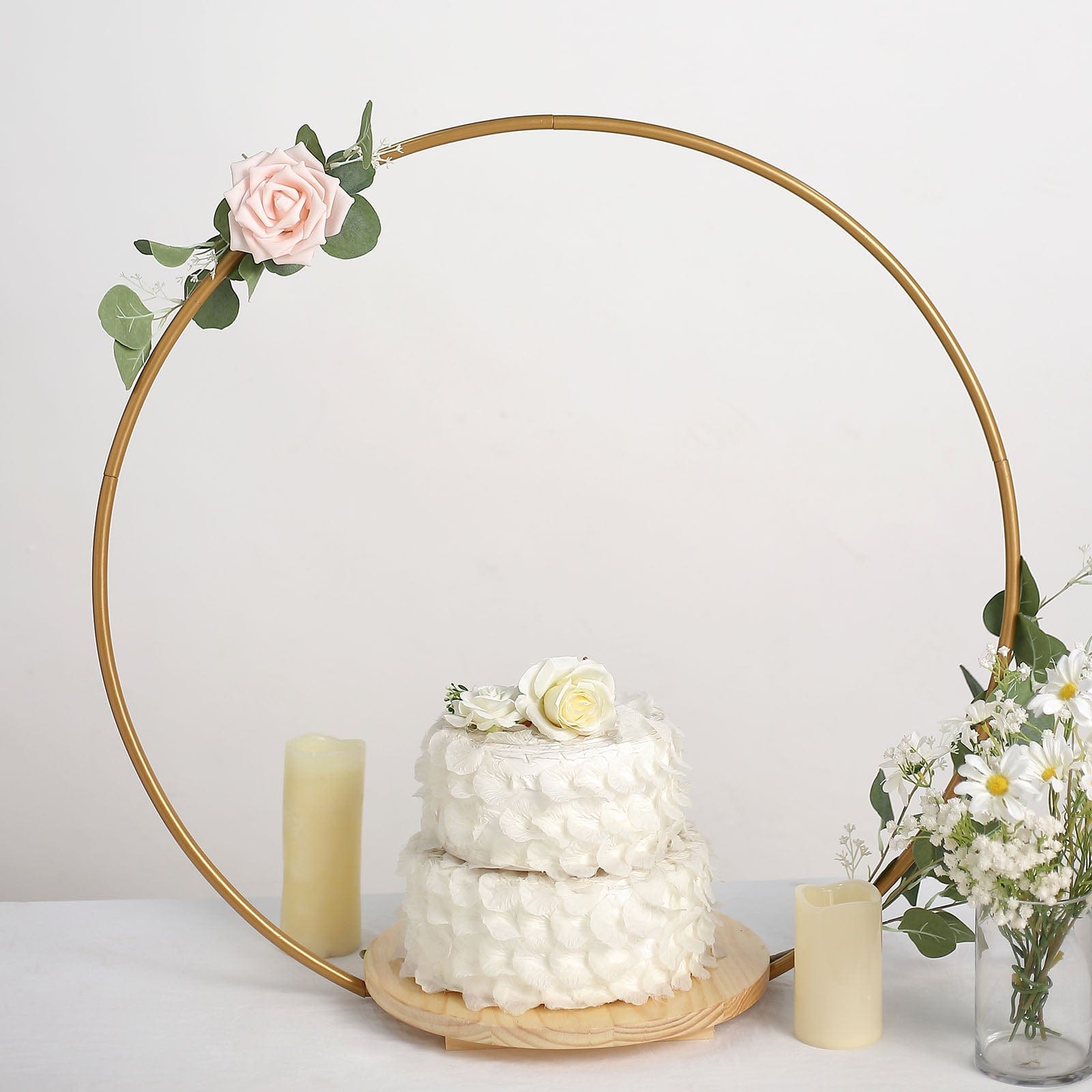 Round Geometric Metal Arch Cake Display Stand - Gold Wooden Dessert Stand for Wedding, Birthday, and Party Decorations