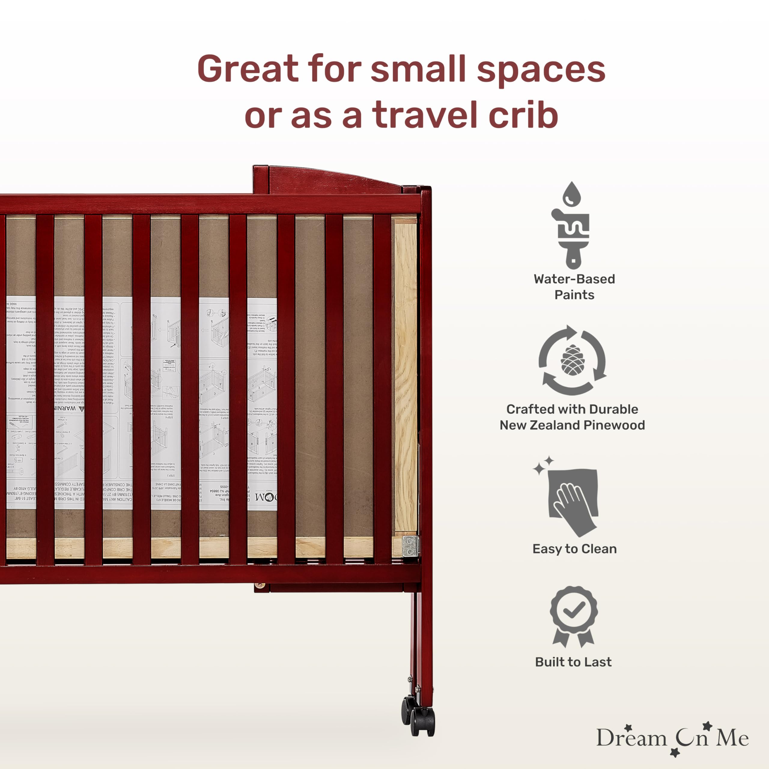Dream On Me Full Size 2-in-1 Folding Convertible Crib with Stationary Side - Cherry Wood Finish | Nursery Bedside Sleeper for Newborns & Toddlers | Perfect for Small Spaces & Co-Sleeping