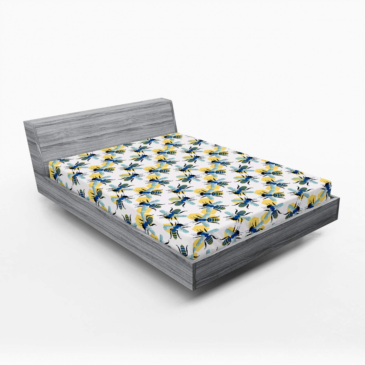 Ambesonne Queen Bee Fitted Sheet - Cartoon Style High Detail Bee & Hive Design, Deep Pocket Elastic Queen Size Bed Sheet (White & Blue) for Cozy Bedroom Decor | Perfect for Kids Rooms, Bee-Themed Nurseries & Spring Home Decor