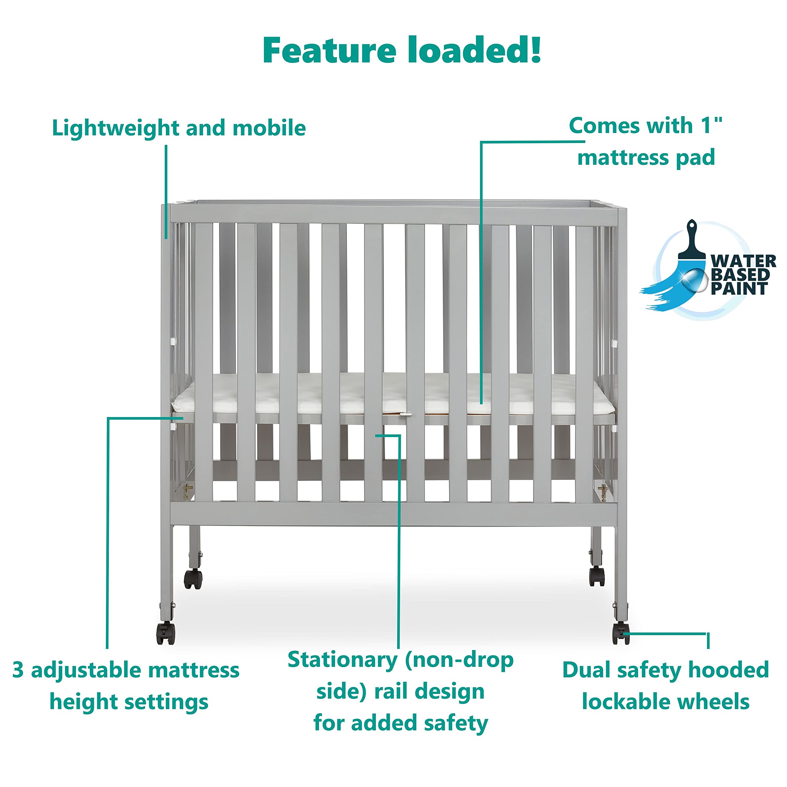 **Dream On Me Jett Lightweight Portable Convertible Crib – 3 Adjustable Mattress Heights, Foldable Travel Crib with 1.5” Mattress Pad – Perfect for Nursery, Travel & Small Spaces**
