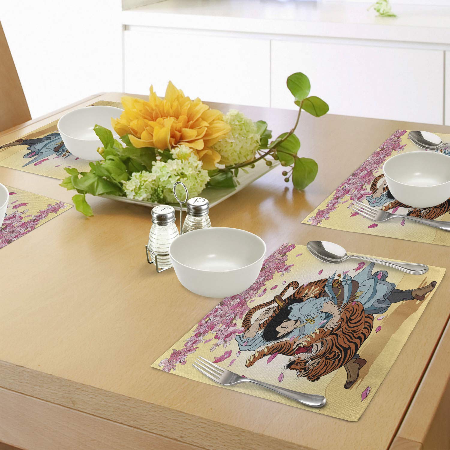 Ambesonne Japanese Style Place Mats Set of 4 - Samurai Tiger & Sakura Cherry Blossom Cartoon Print Washable Fabric Table Mats for Dining Room & Kitchen Decor - Perfect for Asian-Themed Dinner Parties & Home Decor