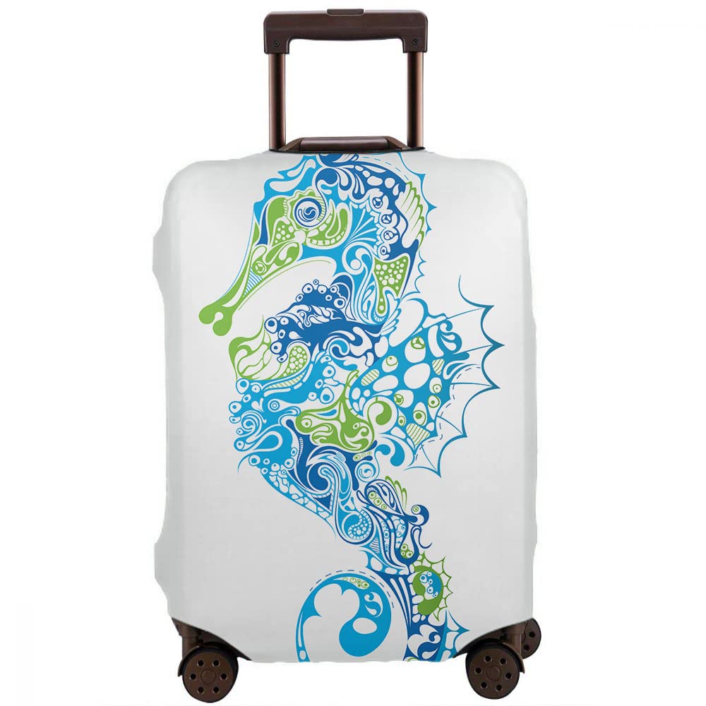 Beabes Seahorse Luggage Cover - Blue Ocean Animal Fish Geometric Design Travel Suitcase Protector for 22-24 Inch Bags | Perfect for Beach Vacations & Marine-Themed Travel Accessories