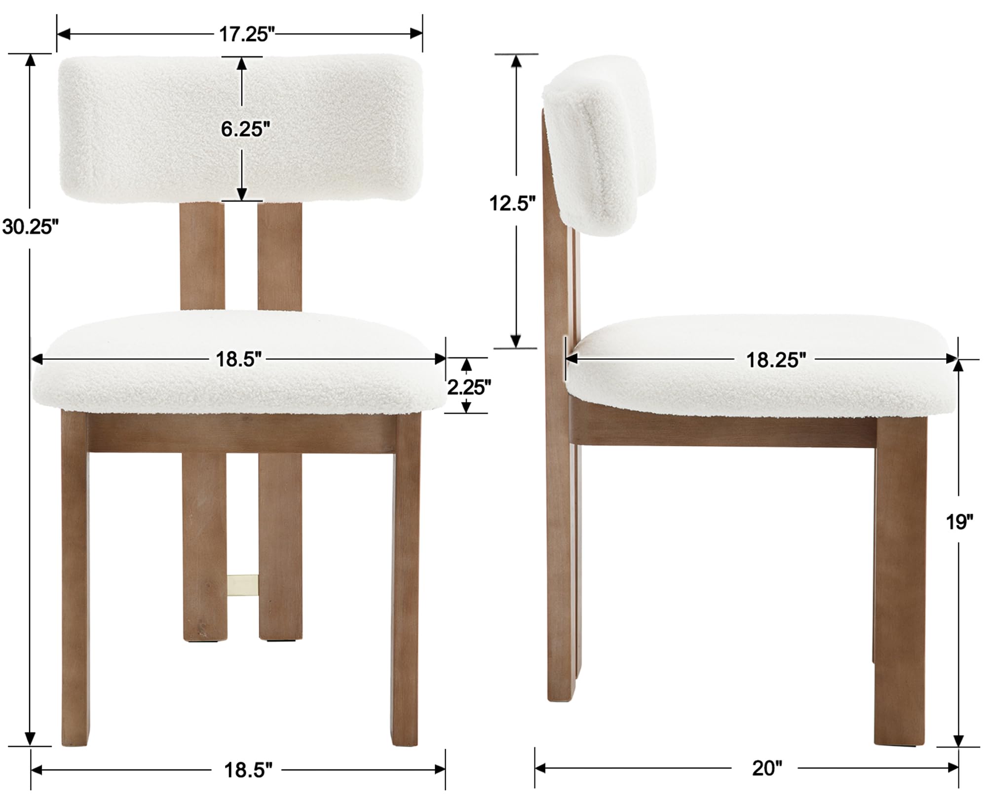 Boucle Dining Chairs Set of 2 - Farmhouse Fabric Kitchen Chairs with Natural Hardwood Legs, Armless Upholstered Accent Chairs for Dining Room, Living Room & Office - White Modern Home Decor