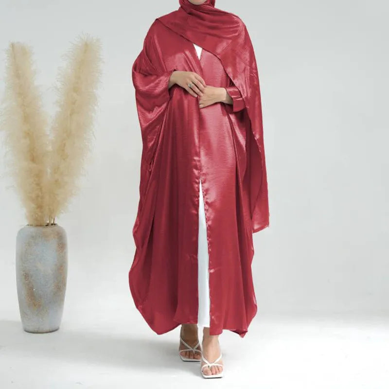 Stylish Batwing Sleeve Open Front Cardigan Abaya Dress with Matching Hijab Scarf - Perfect for Prayer, Modest Fashion, and Special Occasions