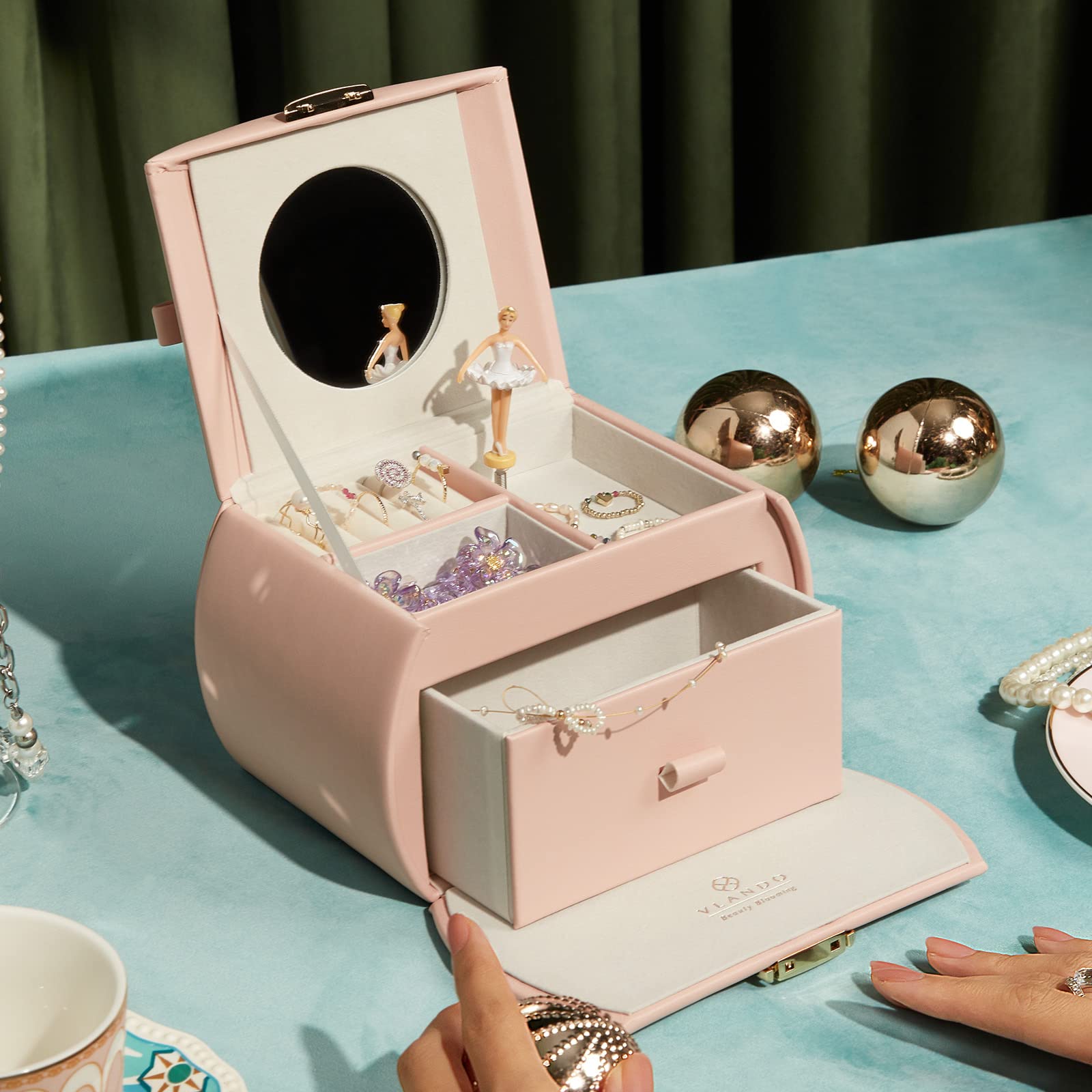 Vlando Pink Musical Jewelry Box for Girls with Drawer - Ballerina Music Box with Stickers, Birthday Gift for Girls, Kids Room Decor | Perfect for Jewelry Storage, Bedroom Decoration & Special Occasion Gifts