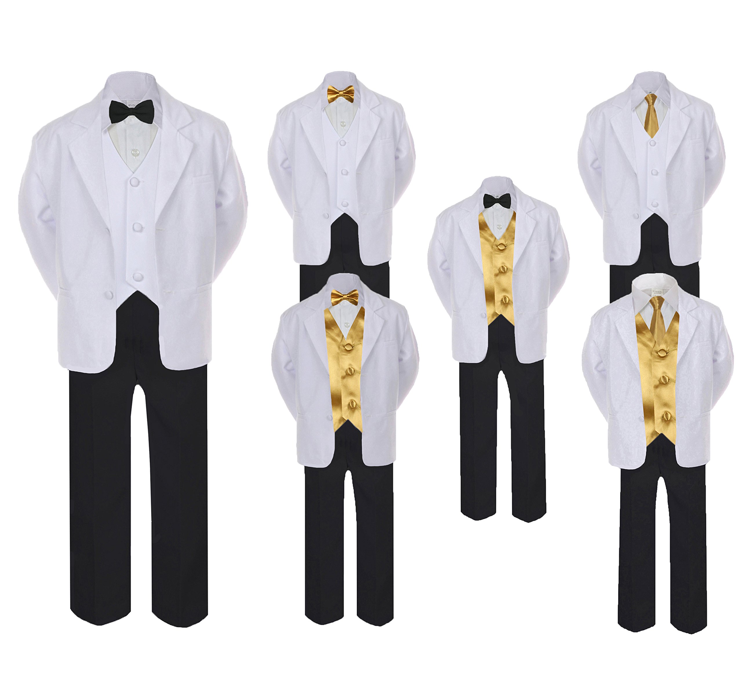 5-7pc Boys Formal Suit Set with Gold Bow Tie & Vest - Black & White Outfit for Baby to Teen (SM-20) - Perfect for Weddings, Parties & Special Occasions