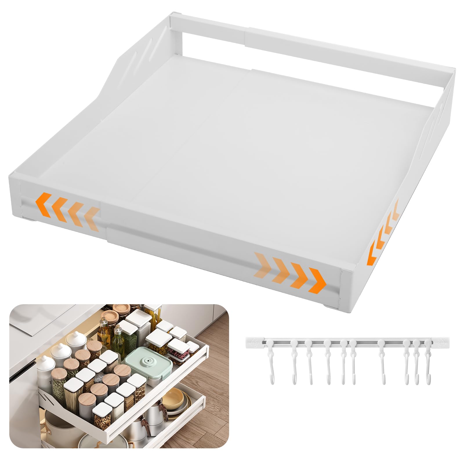 Expandable Telescopic Drawer Slide Organizer - Adjustable Width 33-55cm, White Kitchen Cabinet Storage Shelf for Pantry, Bathroom & Sink Area - Perfect for Utensils, Spices & Cleaning Supplies Organization
