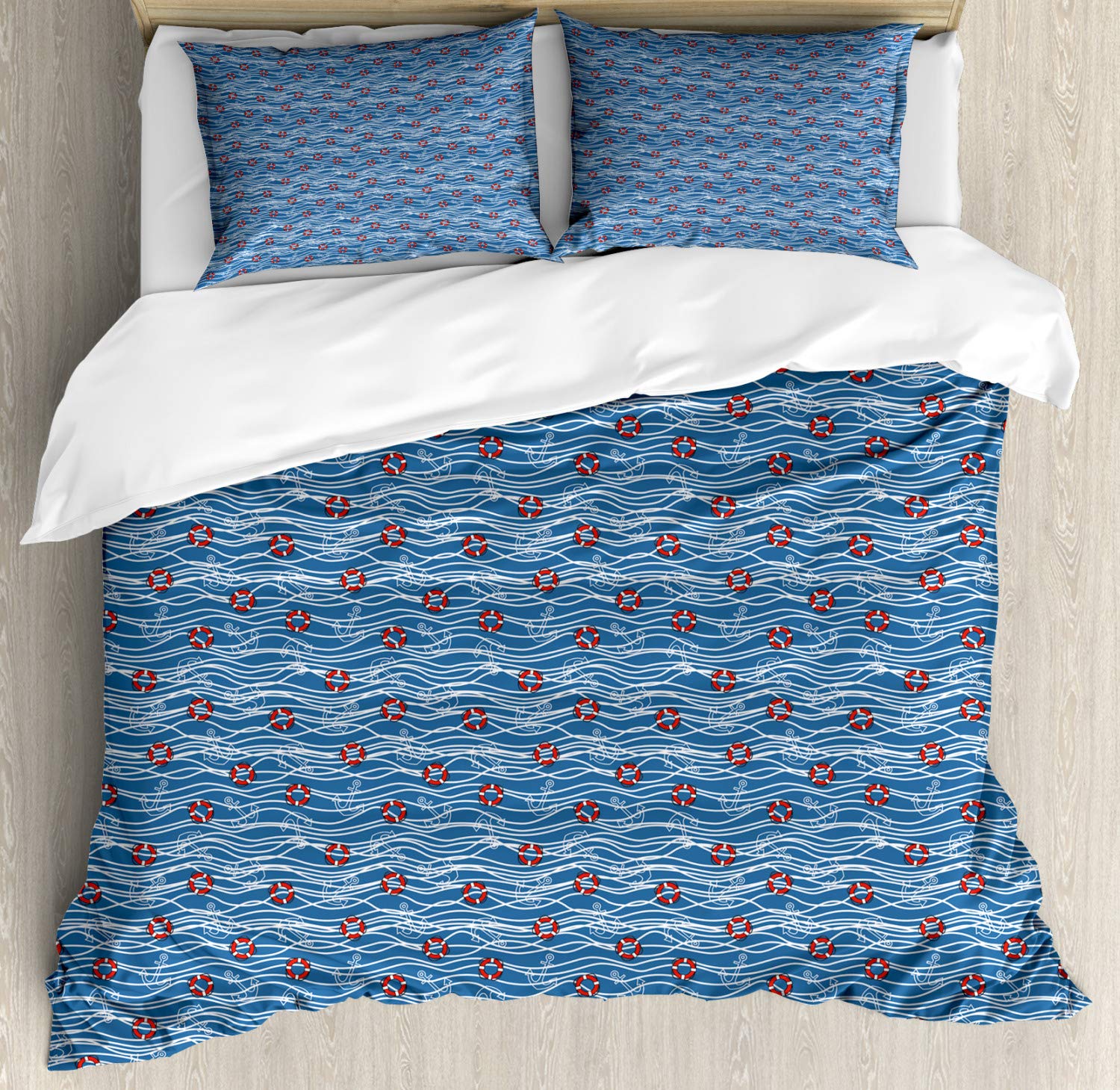 Ambesonne Nautical Duvet Cover Set - King Size Dark Cadet Blue Ruby Sailing Ocean Waves Design with 2 Pillow Shams | 3-Piece Coastal Bedding for Beach House, Guest Room & Nautical Themed Decor