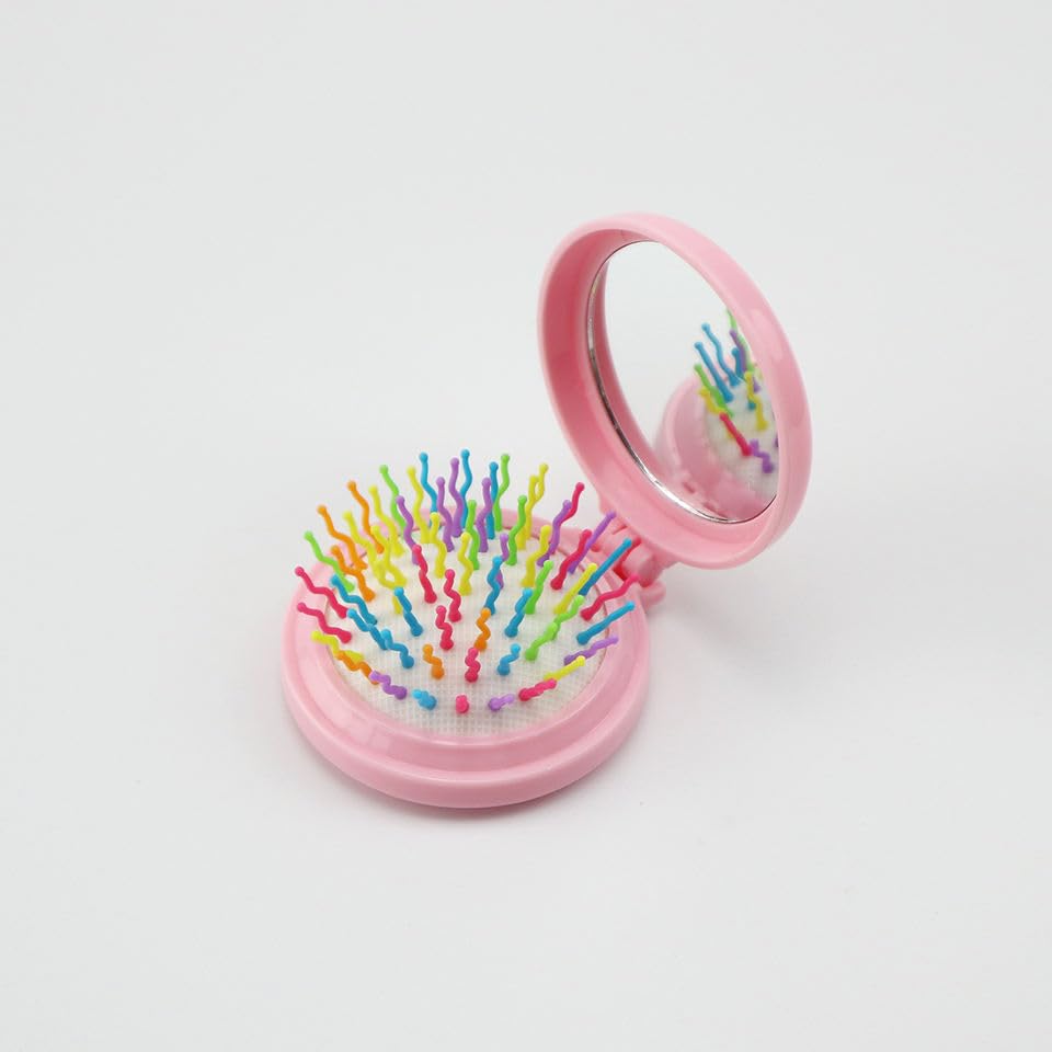 Ghelonadi Mini Folding Hair Brush with Mirror - Travel Size Portable Pocket Brush for Girls, Women & On-The-Go - Perfect for Purse, Backpack, Gym, Office & Travel Accessories (1pc, Multicolor)
