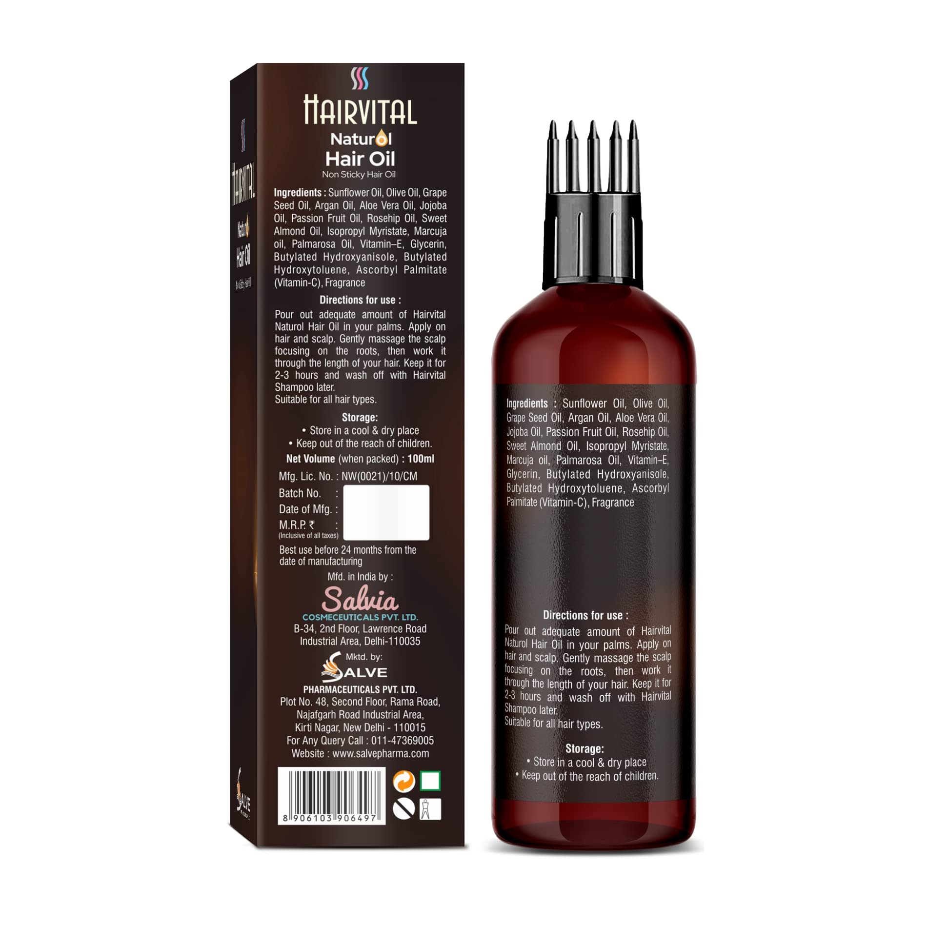 Hairvital Non-Sticky Natural Hair Oil with Comb Applicator - Enriched with Argan Oil & Grapeseed Oil for Dry, Frizzy Hair - Hydrates, Reduces Hair Loss - 100ml - Perfect for Daily Hair Care & Styling