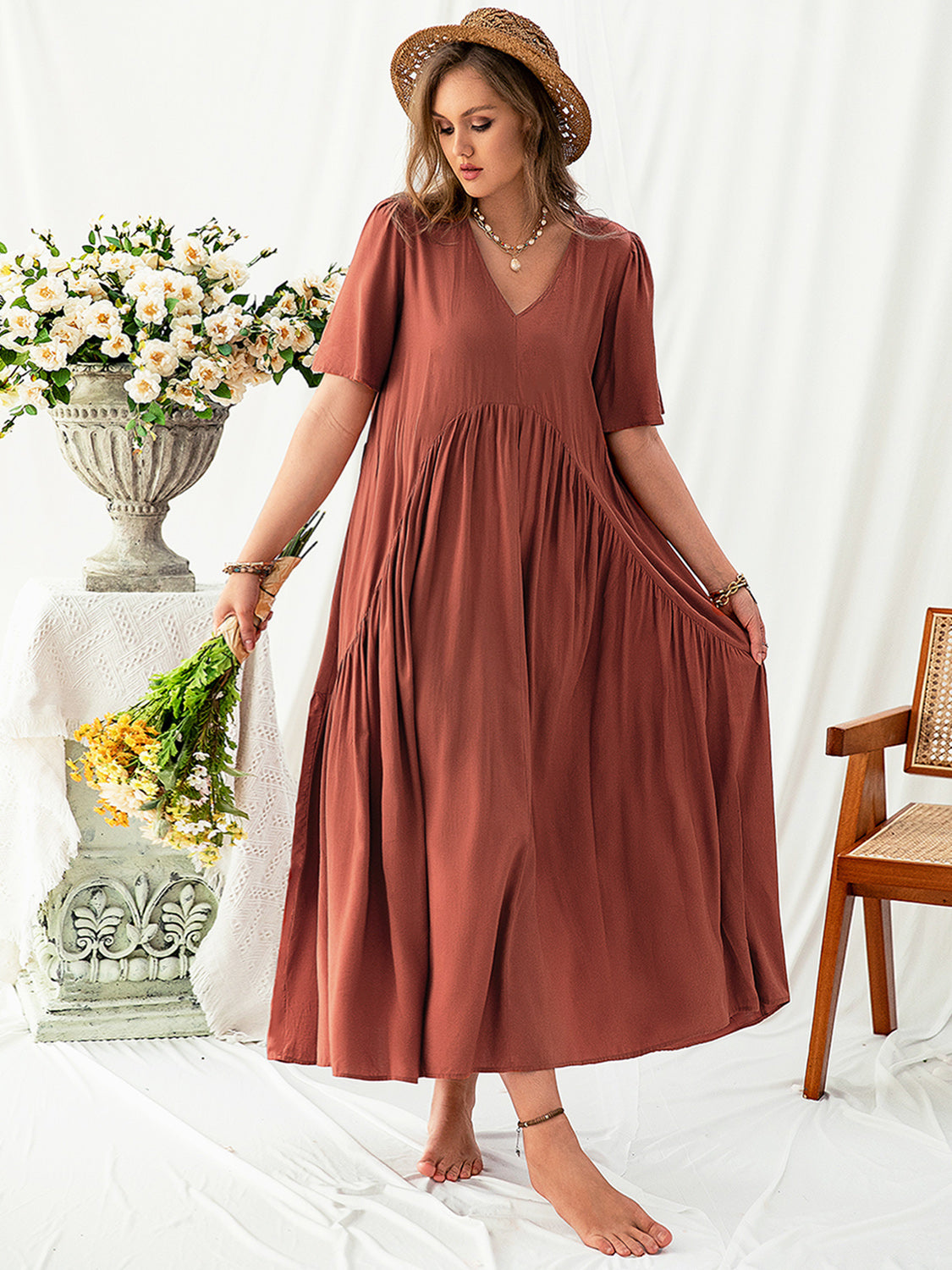 Plus Size V Neck Flutter Sleeve Midi Dress for Women - Flowy Summer Dress for Casual Wear, Date Night & Special Occasions
