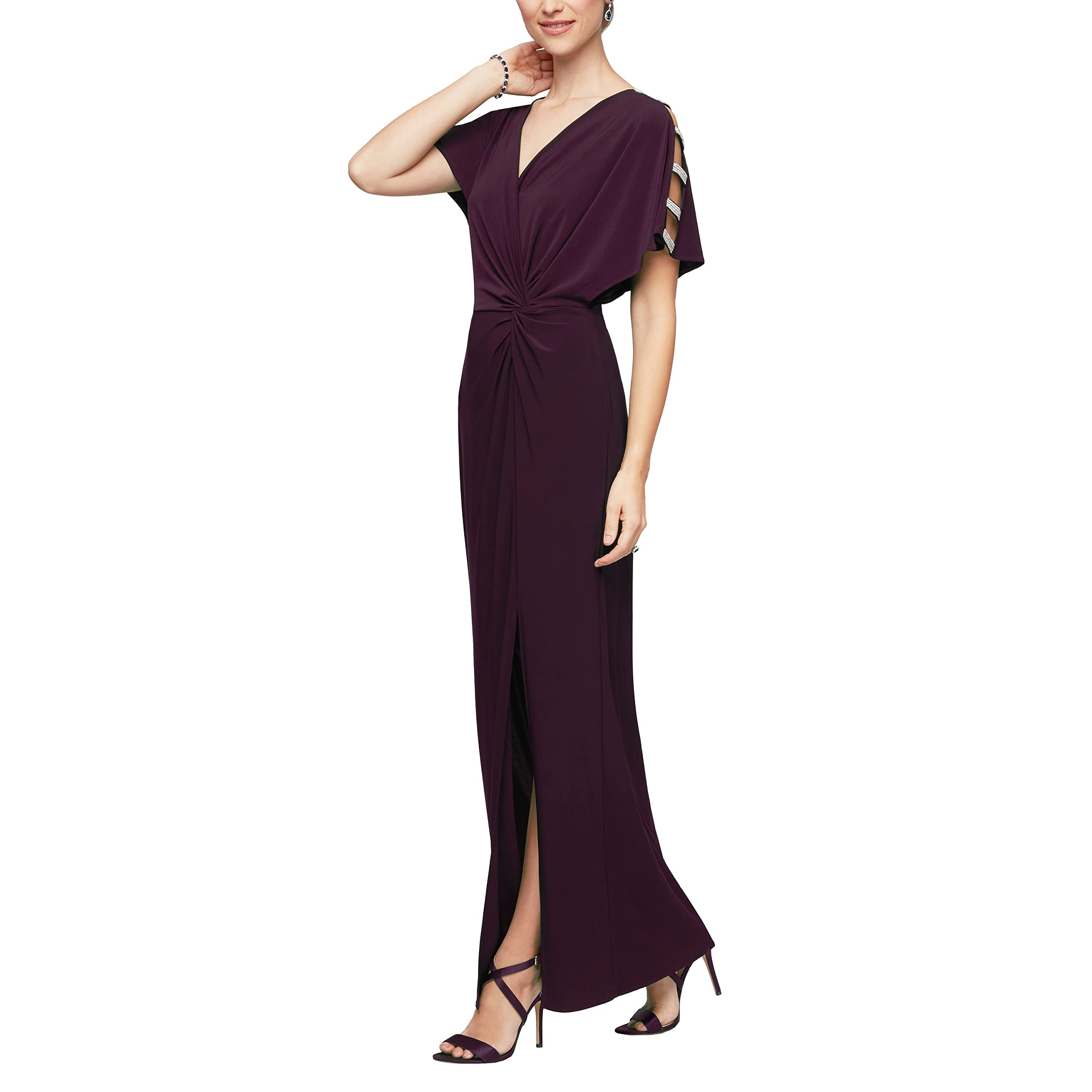 Alex Evenings Women's Long V-Neck Knot Front Wedding Guest Dress with Cold Shoulder Sleeves - Formal Evening Gown for Bridal Shower, Cocktail Party & Special Occasions (Petite/Regular Sizes)