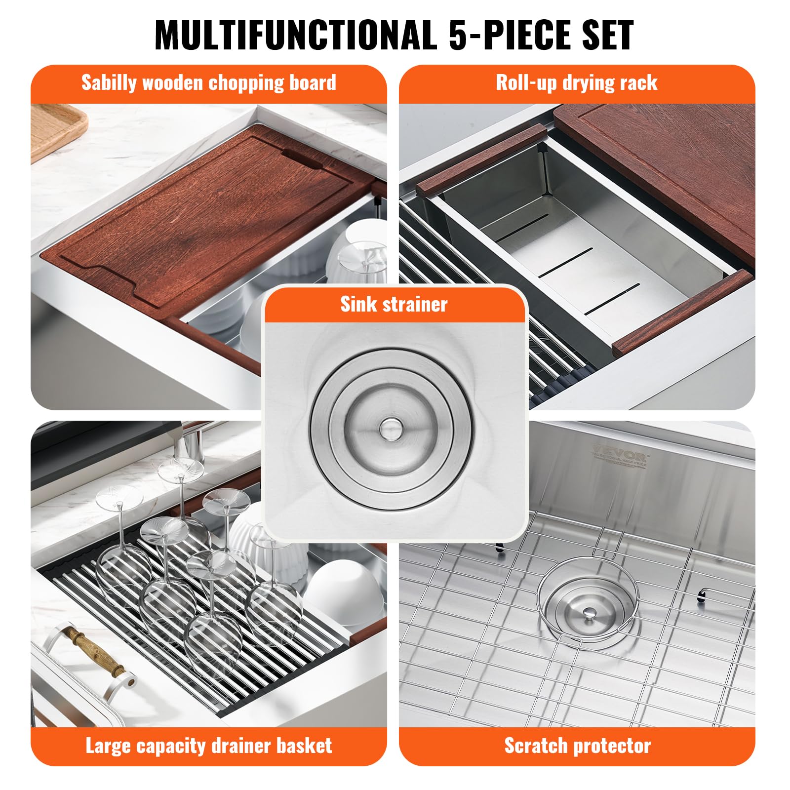 VEVOR 30 Inch Farmhouse Kitchen Sink - 304 Stainless Steel Top Mount Single Bowl with Drainboard & Accessories - Perfect for Workstation, Prep Kitchen, Bar, and Dishwashing - Durable Drop-In Sink for Modern & Rustic Home Decor