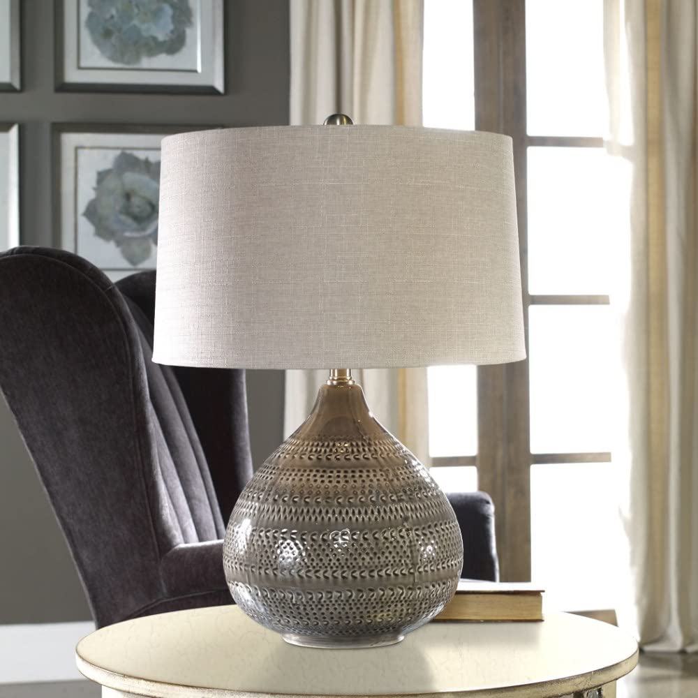 Textured Smoke Gray Table Lamp with Beige Linen Tapered Shade - 3-Way Switch Lighting for Bedroom, Living Room & Office Decor