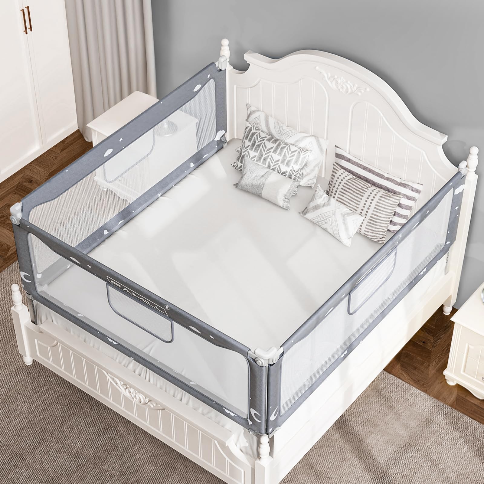 FAMILL Toddler Bed Rail - Quick Assembly Foldable Safety Guard for Kids, U-Shape Base Fits Queen, King, Full & Twin Beds (74.8