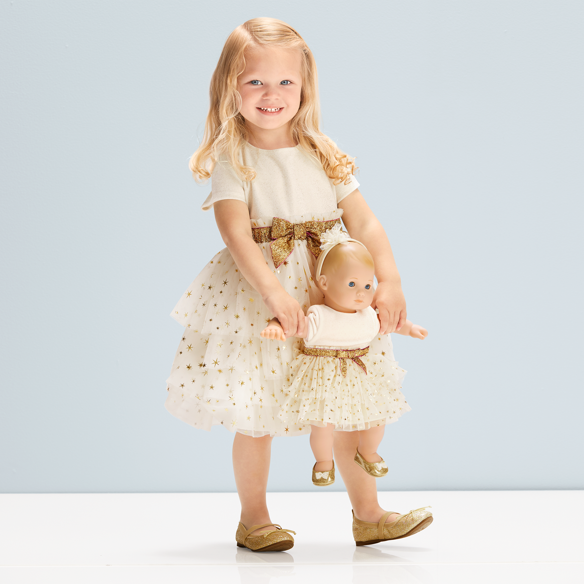 Golden Twinkle Dress for Little Girls & Bitty Baby Dolls - Sparkly Party Outfit for Birthday, Christmas & Special Occasions