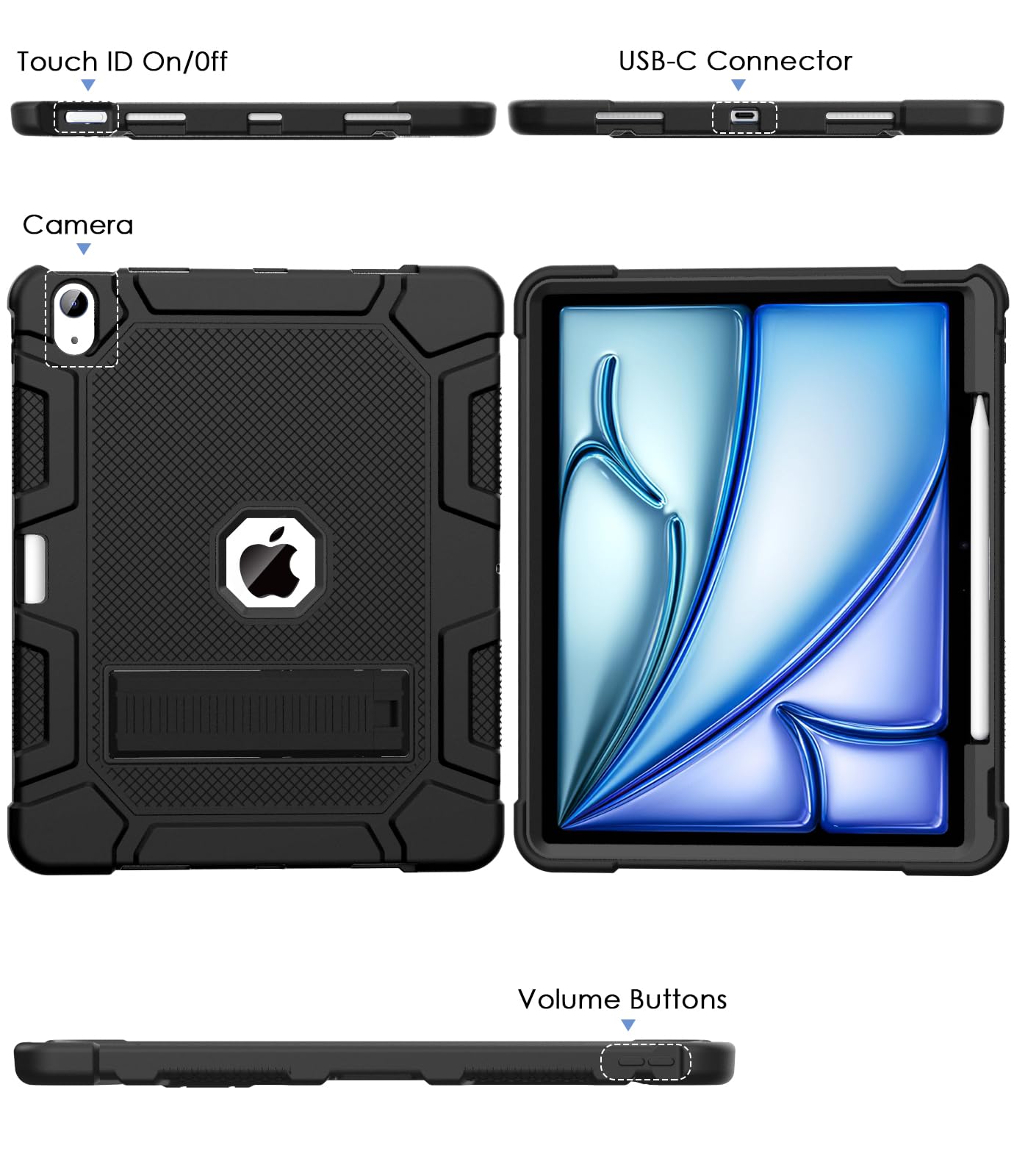 Shockproof Rugged Protective Case for iPad Air 13-inch (M3/M2) 2025/2024 - Heavy Duty Cover with Built-in Apple Pencil Holder - Perfect for Travel, Work & Outdoor Use - Black