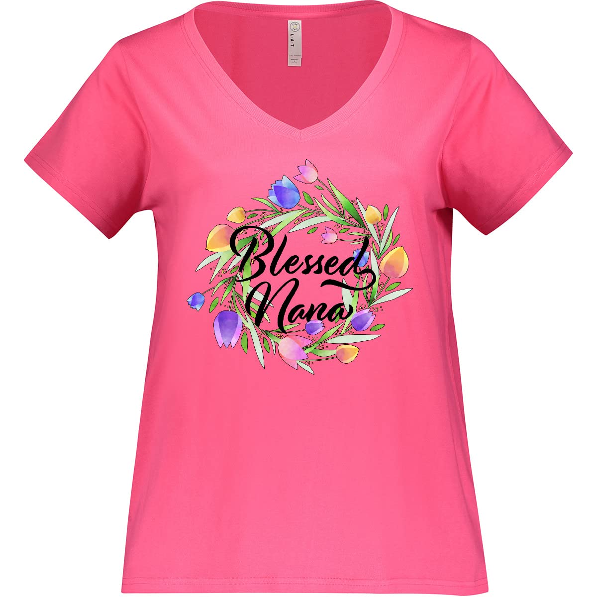 Blessed Nana with Pastel Tulips Plus Size V-Neck T-Shirt for Women - Comfortable Floral Graphic Tee for Grandma, Mother's Day Gifts & Family Reunions