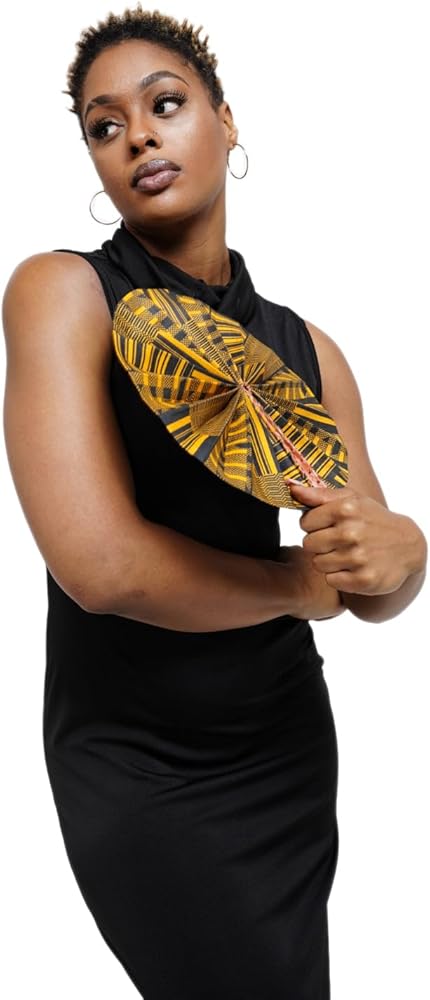 Foldable Black & Gold African Print Ankara Kente Fan with Leather Handle | Traditional Handheld Fan for Weddings, Parties & Cultural Events | DPPF4091