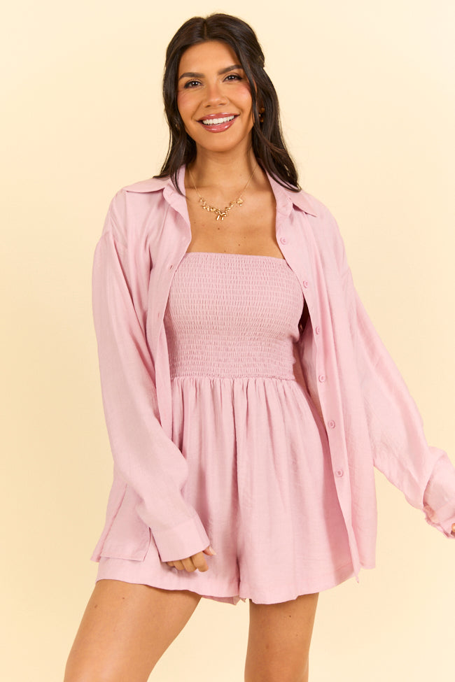 Dreamy Escape Pink Romper & Button Down Set - Women's Casual Summer Outfit for Beach Vacation & Date Night | FINAL SALE
