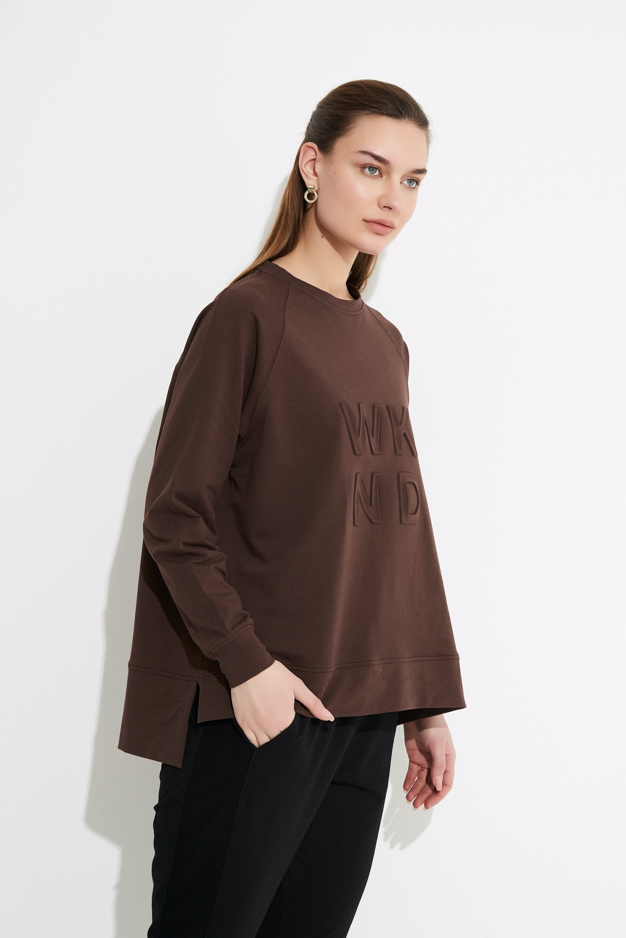 Chocolate Brown Embossed Sweatshirt for Women - Cozy & Stylish Fall Fashion for Casual Outings and Lounge Wear