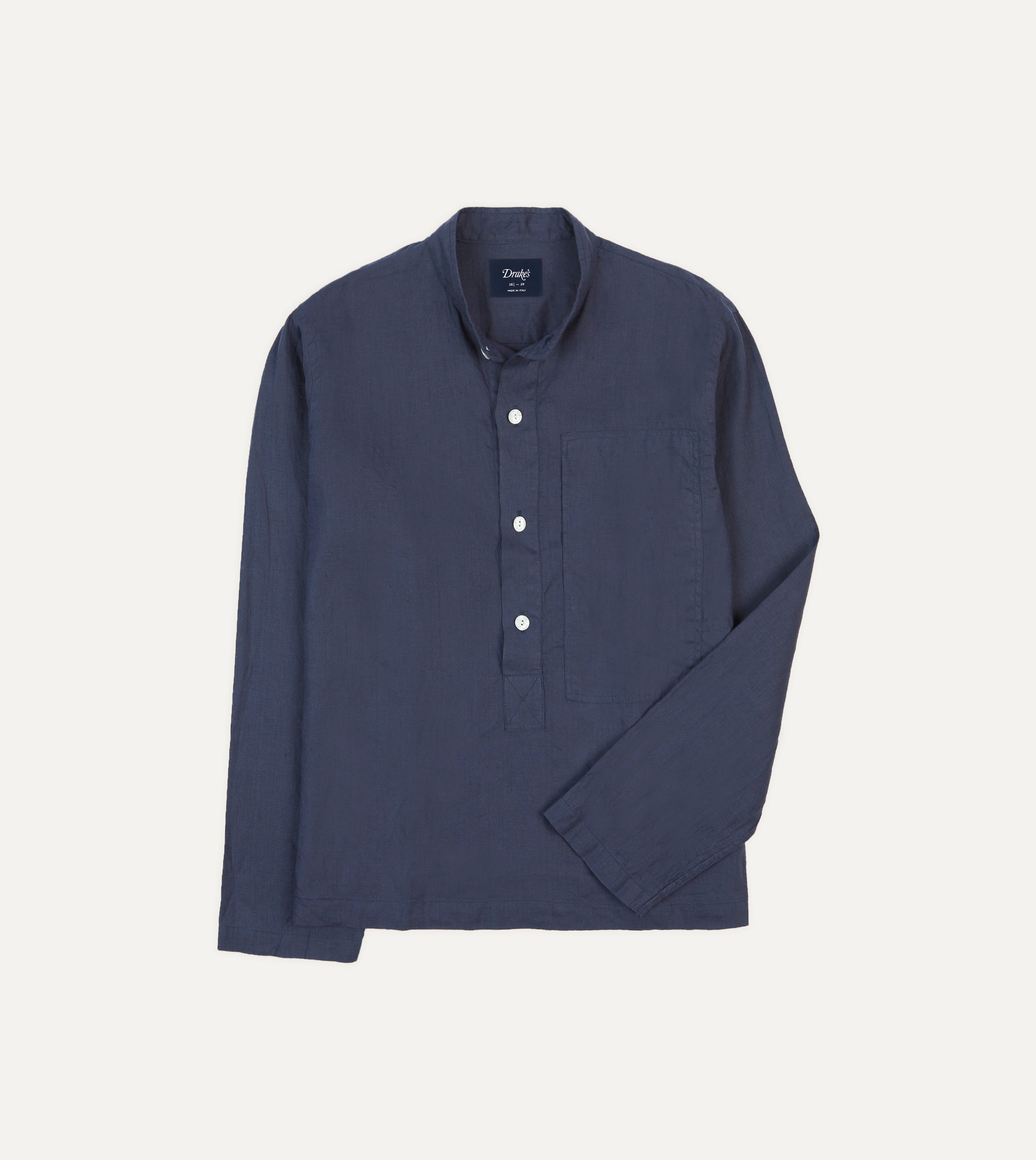 Navy Blue Linen Mandarin Collar Popover Shirt for Men | Casual Summer Breathable Button-Up Shirt | Perfect for Beach, Vacation & Outdoor Activities