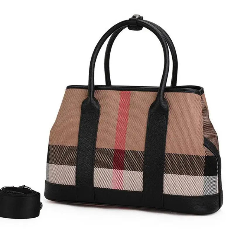 Luxury Black Plaid Printed Women's Handbag - Designer Wide Strap Shoulder Bag in Canvas & PU Leather - Perfect for Work, Travel, and Evening Events