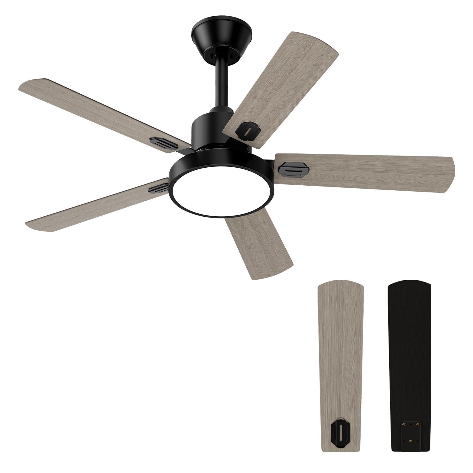 52 Inch Matte Black Outdoor Ceiling Fan with Remote Control - Wood Blades, Noiseless DC Motor, LED Light - Perfect for Patios, Decks, and Covered Porches