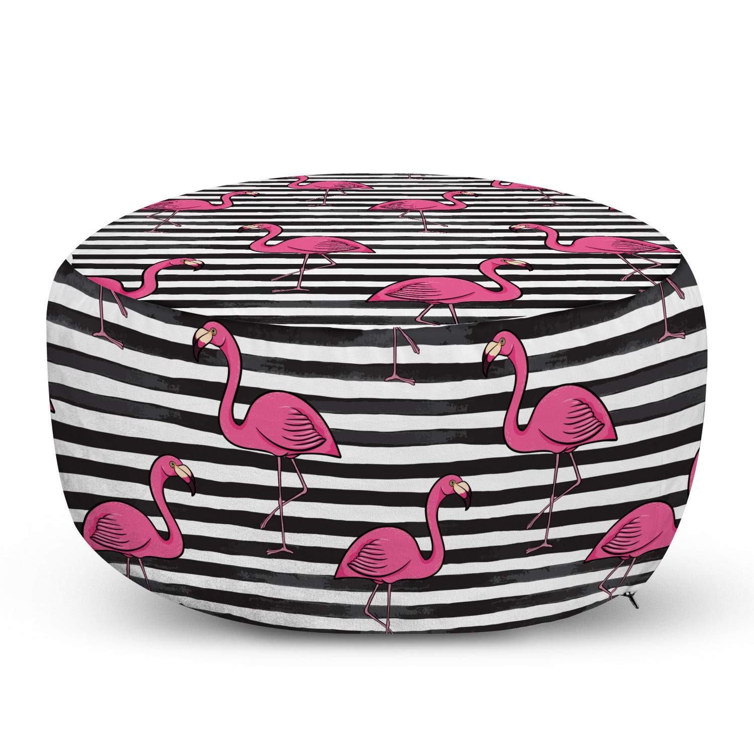 Lunarable Flamingo Ottoman Pouf - Exotic Birds Minimalist Striped Contemporary Tropical Design Footrest with Removable Cover for Living Room & Bedroom - Pink, Dark Grey, White - Perfect for Home Decor, Lounge Seating & Accent Furniture