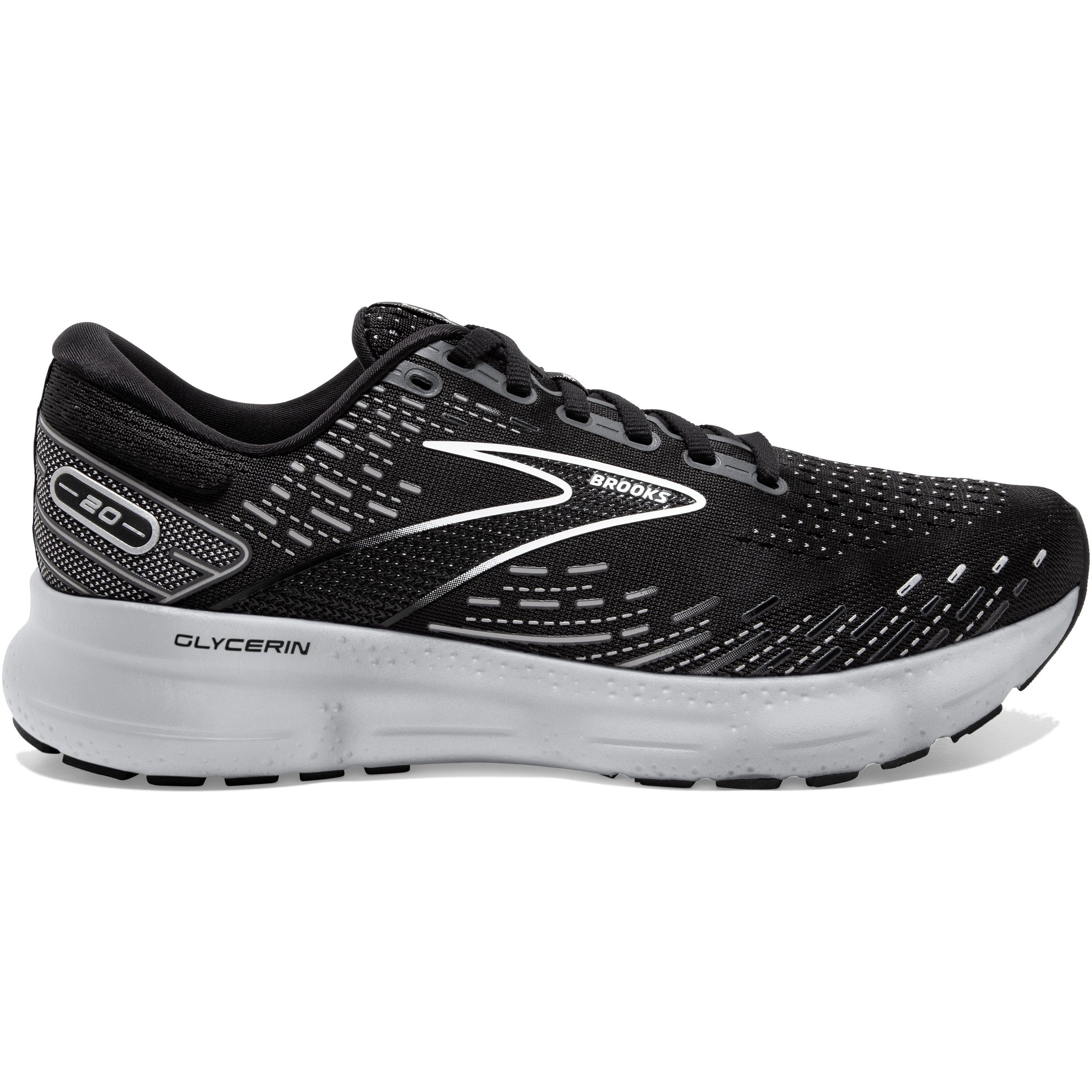 Brooks Glycerin 20 Running Shoes for Men - Black/White/Alloy - Size 8 D Medium - Cushioned Road Running & Jogging Sneakers for Marathon Training & Daily Workouts