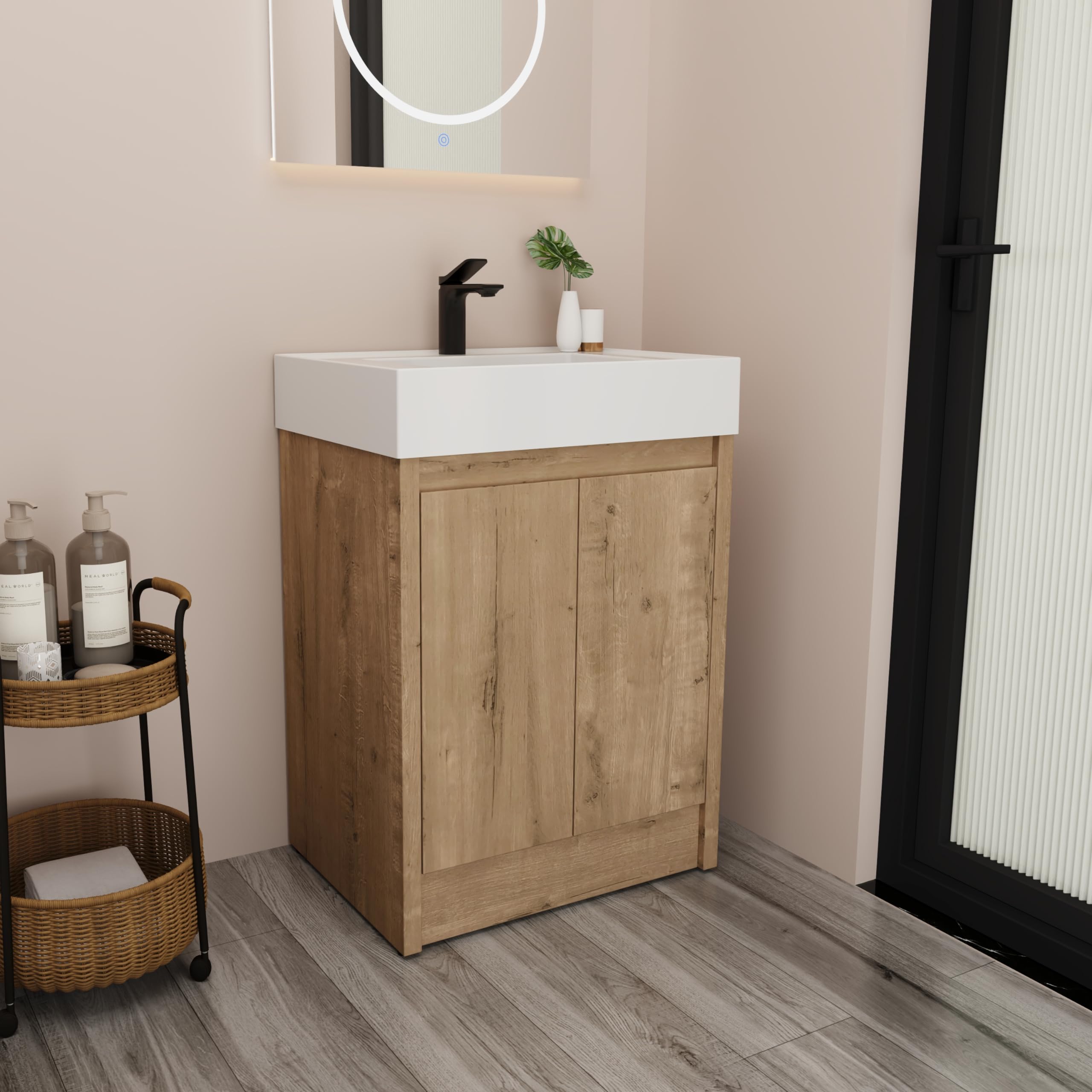24 Inch Modern Freestanding Bathroom Vanity with Sink Combo, Soft Close Doors & Adjustable Shelf - Floor-Mounted Storage Cabinet with Top Basin in Brown | Perfect for Small Bathrooms, Powder Rooms & Home Renovations