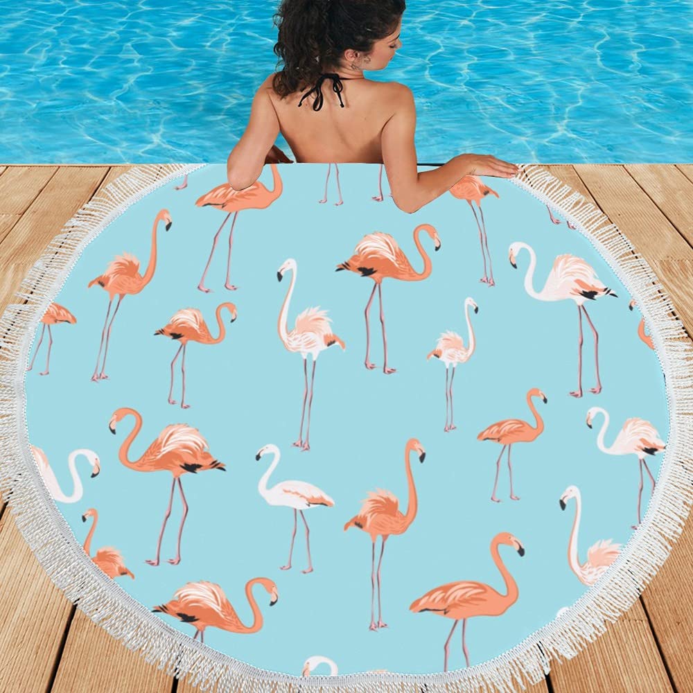 Stylish Pink Flamingo Round Beach Towel - 59 Inch Large Soft Tassel Pool Blanket for Women, Men & Kids | Perfect for Beach Vacations, Poolside Lounging & Summer Picnics