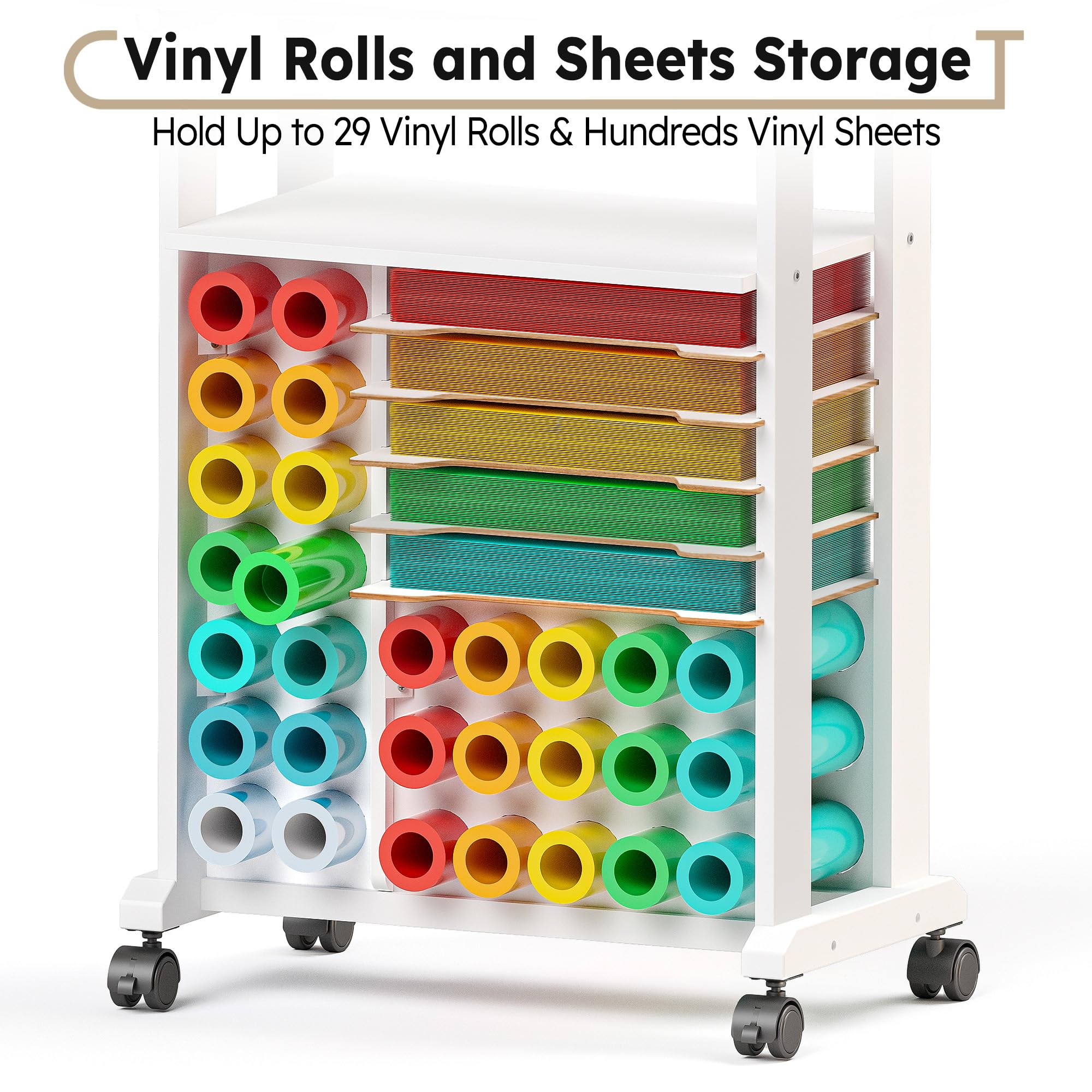 Cricut Compatible Craft Organizers and Storage - Rolling Cart with 29 Vinyl Roll Holders, Craft Table Organizer for Craft Room & Workstation - Compact & Removable Design - Perfect for DIY Projects, Scrapbooking & Home Office Organization