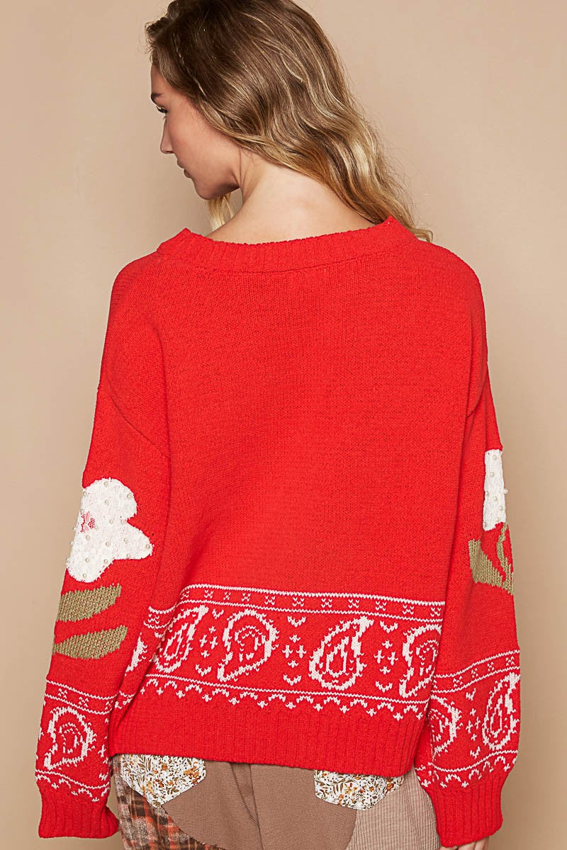 Elegant Floral Lace Patch Long Sleeve Sweater for Women - Cozy Knit Pullover for Fall & Winter - Perfect for Office, Date Night and Casual Outings
