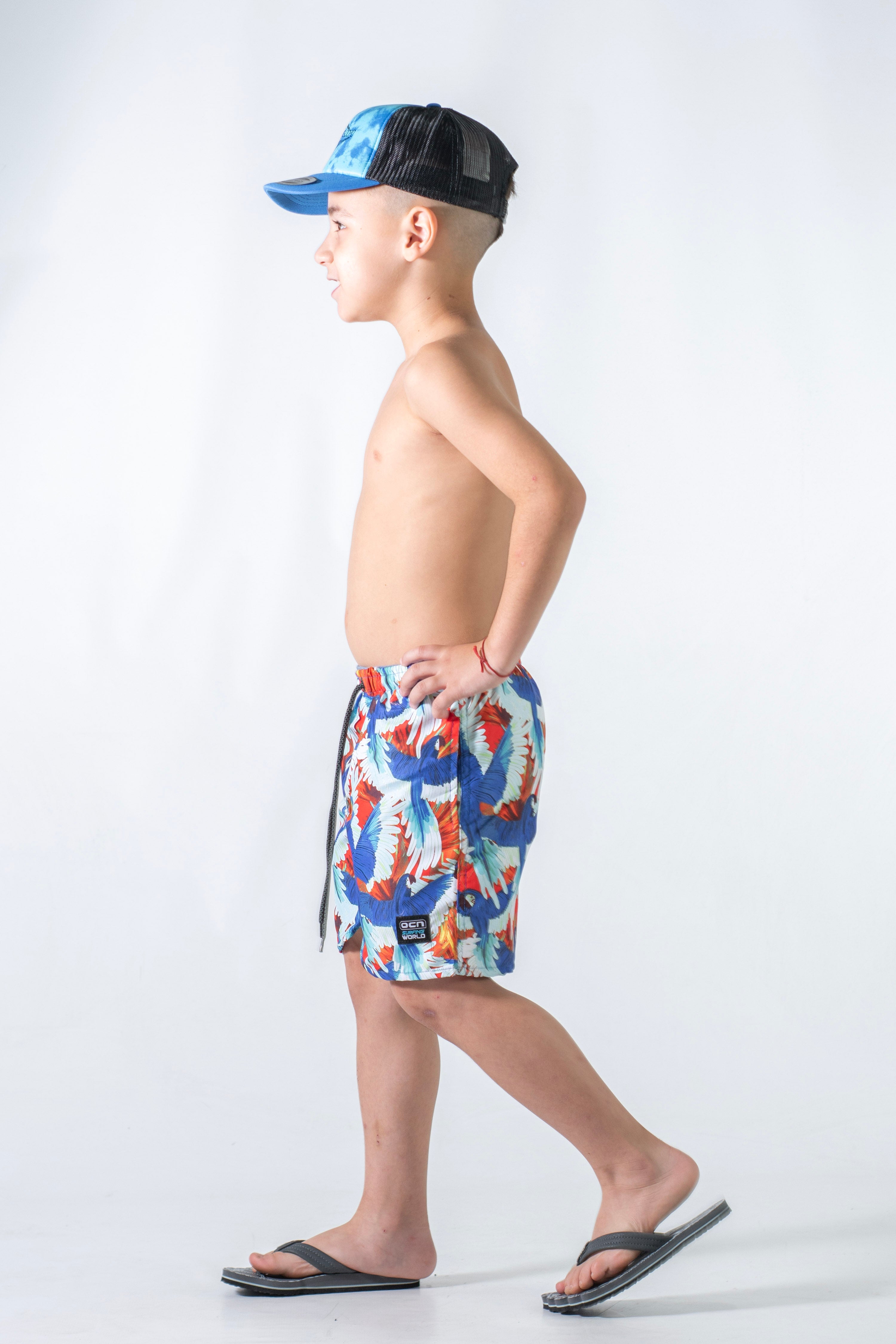Ocn Canarias Swim Shorts for Men - Tropical Parrot Print Beachwear - Perfect for Swimming, Surfing, and Summer Vacations