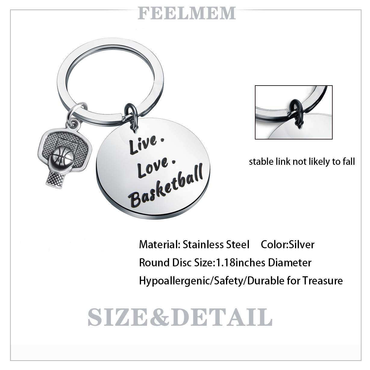 FEELMEM Sports Charms - Basketball Keychain with Hoop Design, Inspirational Live Love Basketball Jewelry, Fitness Keyring Gift for Players & Fans - Perfect for Game Days, Workouts & Basketball Enthusiasts