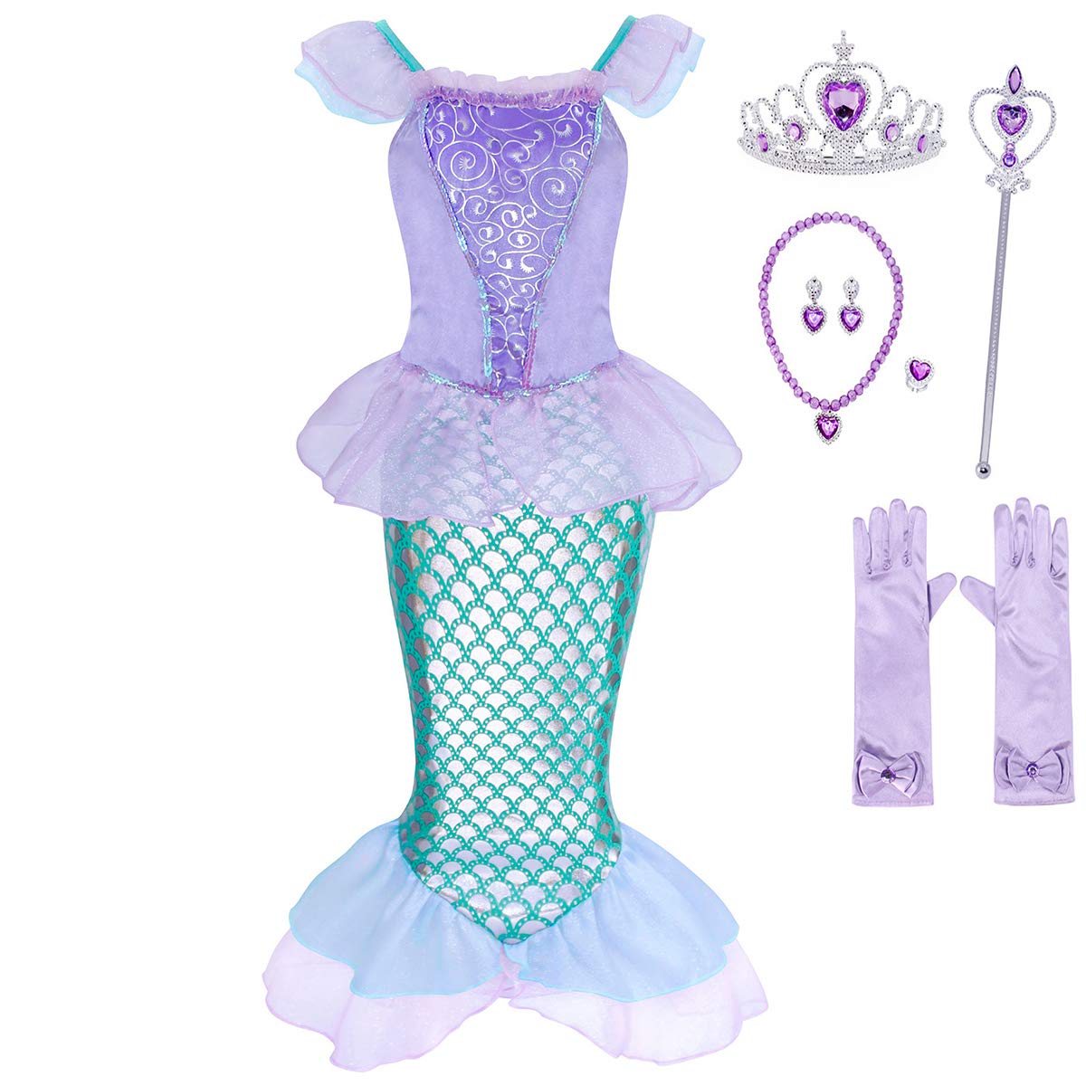 HenzWorld Little Mermaid Princess Dress for Girls - Sparkly Mermaid Costume with Jewel Accessories for Birthday Party, Halloween, Dress Up & Role Play