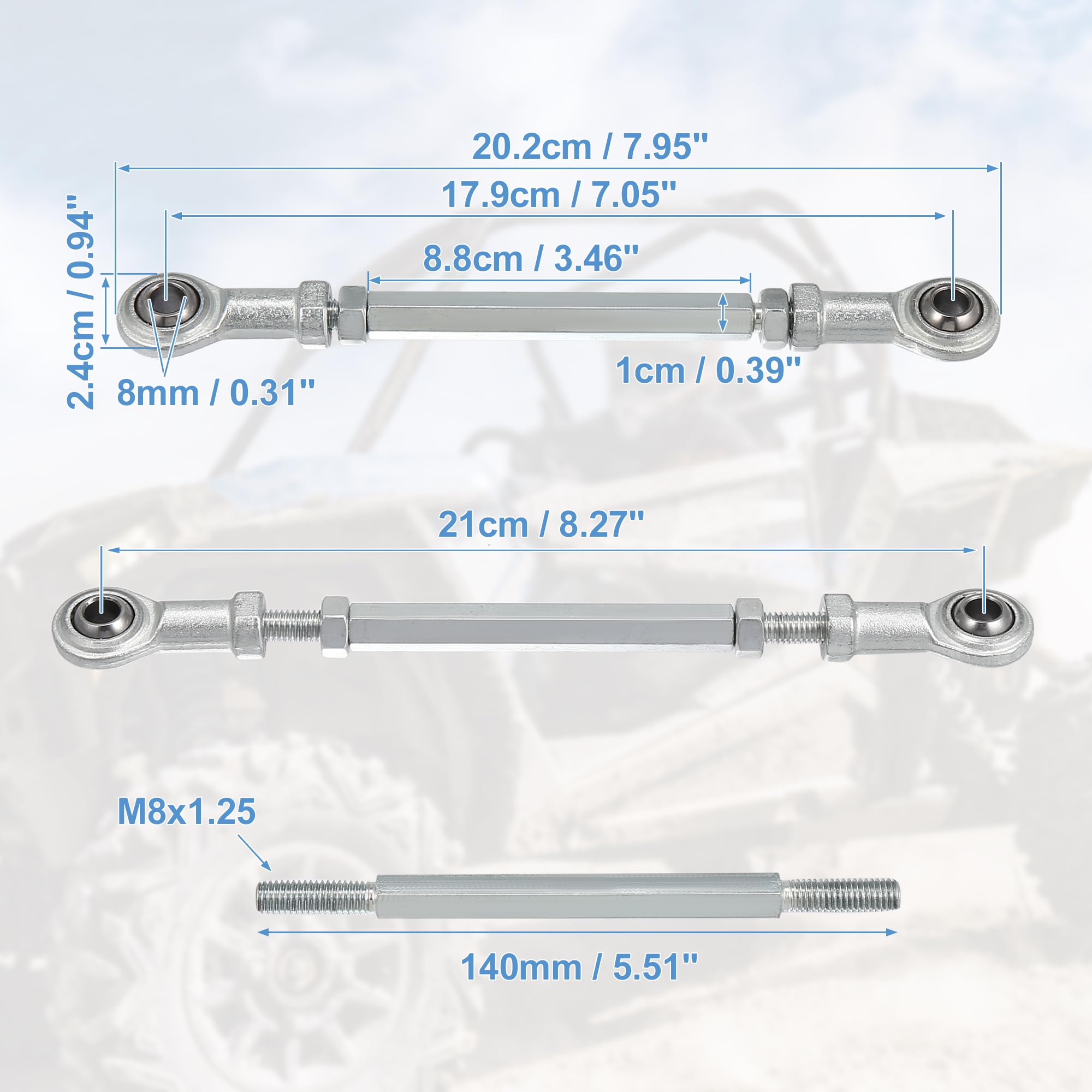 Motoforti 2pcs 140mm Adjustable Steering Tie Rod Ball Joints 8mm Hole Diameter for 49cc Electric ATV & Go Kart - Silver Tone - Perfect for Steering Column & Suspension Upgrades
