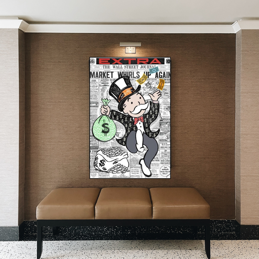 Alec Monopoly Money Bag Newspaper Print Canvas Wall Art - Modern Pop Art Decor for Living Room, Bedroom & Office