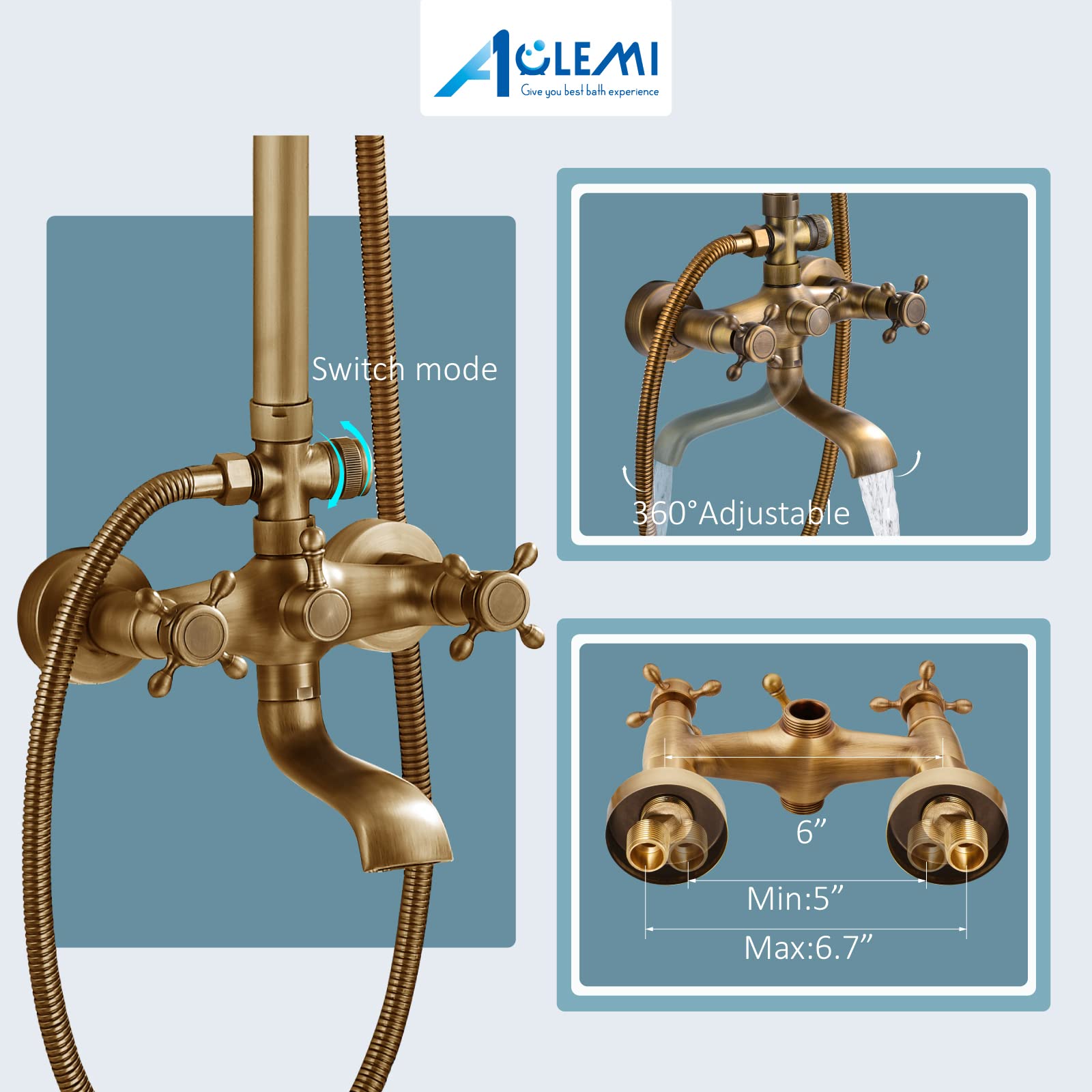 Vintage Antique Brass Tub Shower Faucet Set - 8 Inch Rainfall Shower Head with Handheld Spray, Triple Function Mixer Valve for Bathroom Remodeling | Perfect for Classic & Farmhouse Style Bathrooms